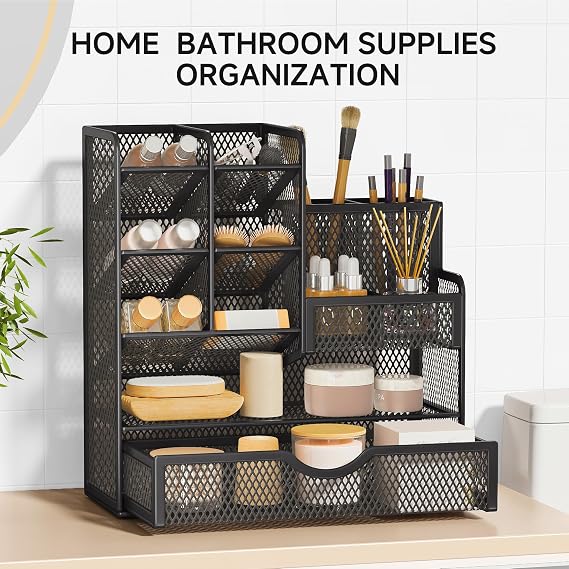 VITVITI Sturdy Mesh Desk Organiser for Office Accessories, Desk Organiser for Stationery Supplies, Make Up Brush, Art storage, 5 Tier Metal Stackable Storage drawers - Black