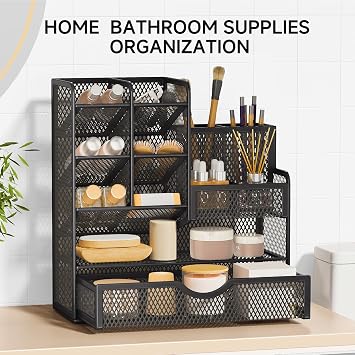 VITVITI Sturdy Mesh Desk Organiser for Office Accessories, Desk Organiser for Stationery Supplies, Make Up Brush, Art storage, 5 Tier Metal Stackable Storage drawers - Black