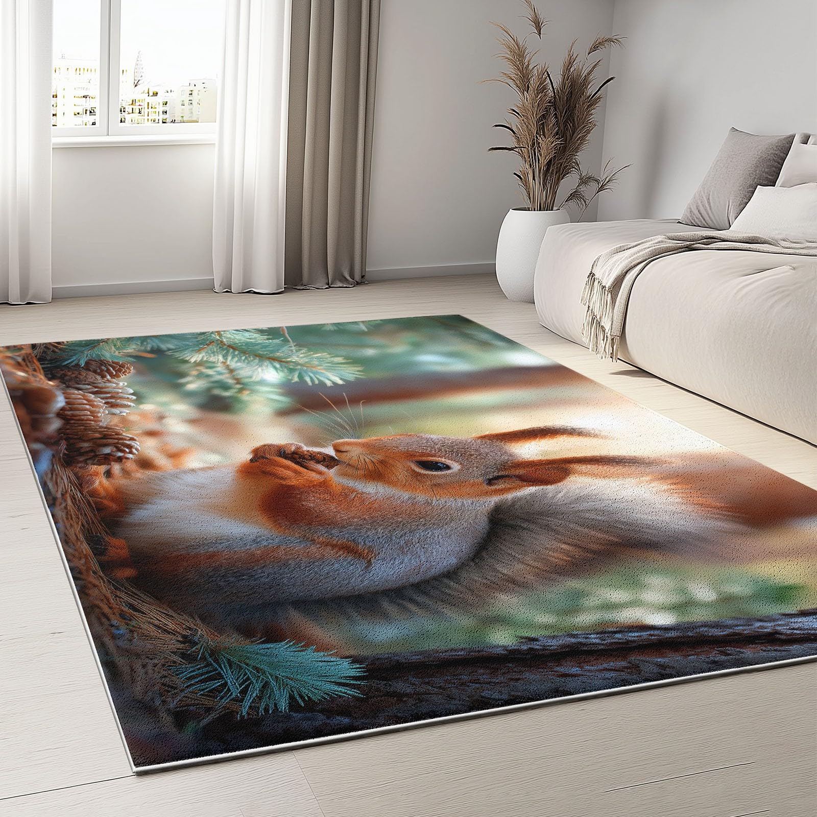 Teppich Wohnzimmer 120 x 180 cm Eichhörnchen Wald Tier Niedlich Tannenzapfen, Kurzflor Teppich mit Rutschfester Rückseite - Waschbar & Pflegeleicht, Läufer für Schlafzimmer Esszimmer und Küche, Grün