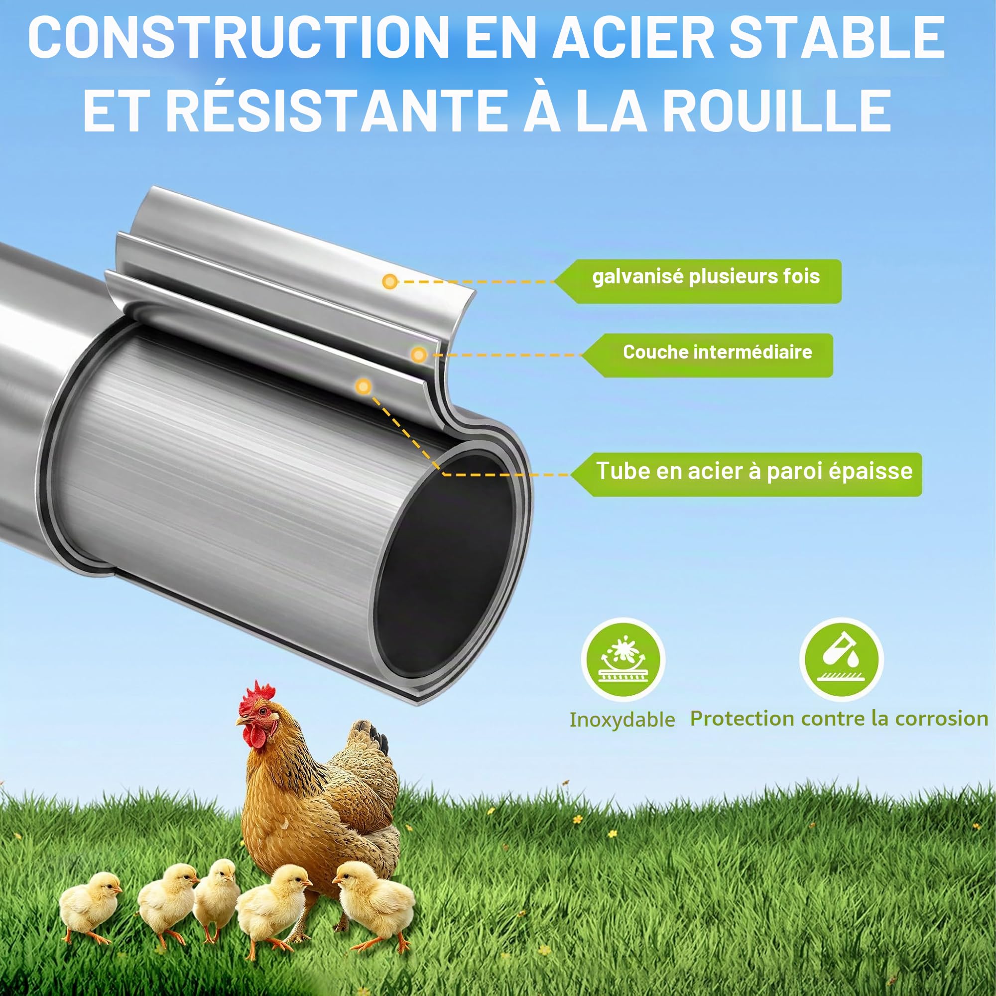 LZQ Cage pour poules à roue libre 3 x 2 m en métal galvanisé pour animaux domestiques, poulailler, poulailler, poulailler, poulailler, avec protection solaire, toit et porte, pour poules, lapins