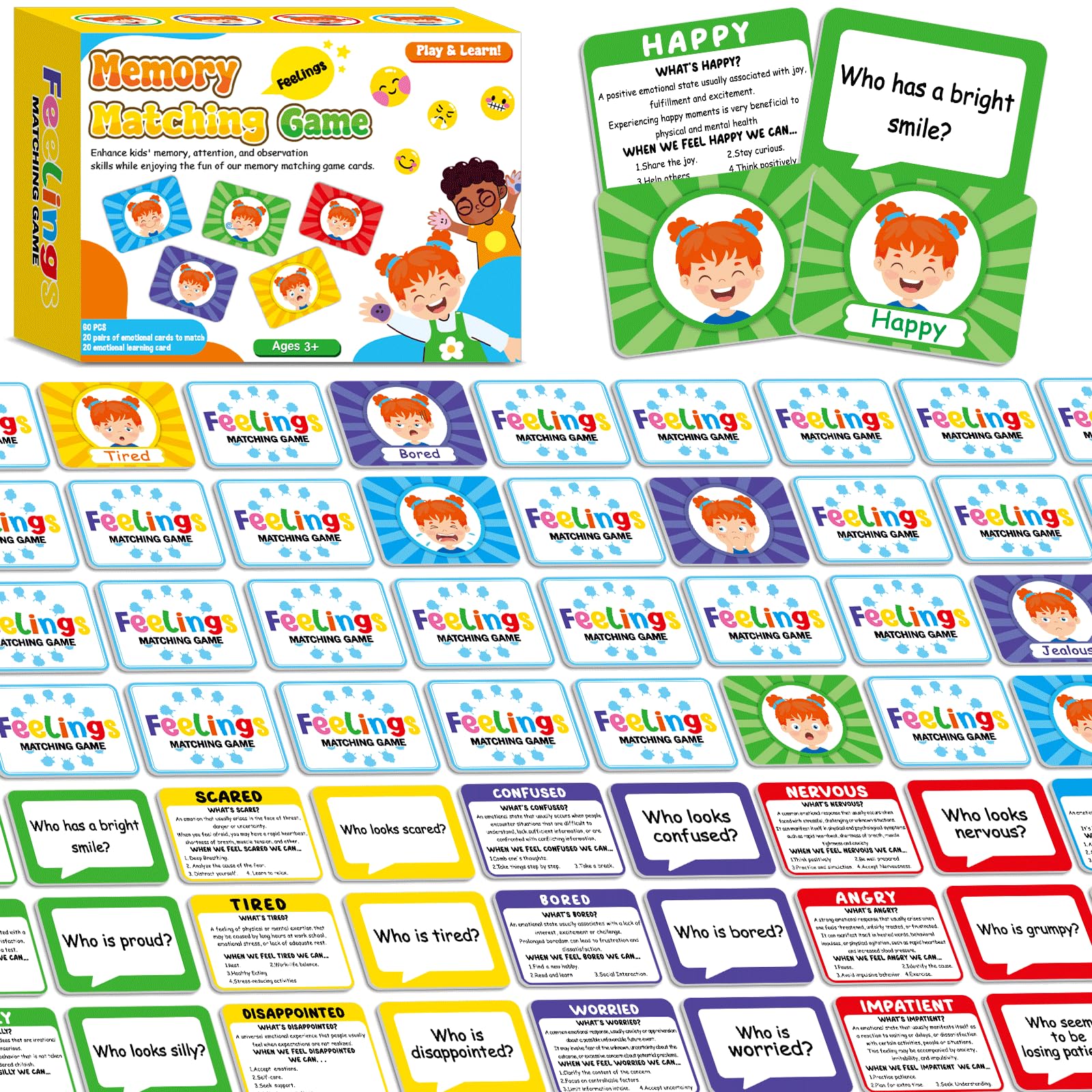 gisgfim Feelings Emotion Cards Match Game Social Emotional Learning Activities Social Emotion Skills Educational Memory Matching Game Flash Card for Calm Down Corner Supplies Preschool Kindergarten