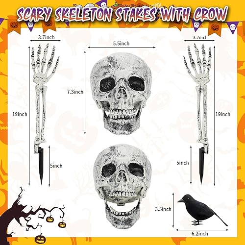 Miniatura 5 de BAYSING Decoraciones de Halloween al aire libre, estacas de esqueleto, cabeza de calavera aterradora realista y brazos con cuervo para patio,