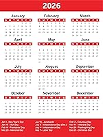 DCMSolutions 2026 Yearly Calendar Magnet: Durable Fridge Magnet with Federal Holidays, Compact 4.5x6 Red Design for Home Office Organization