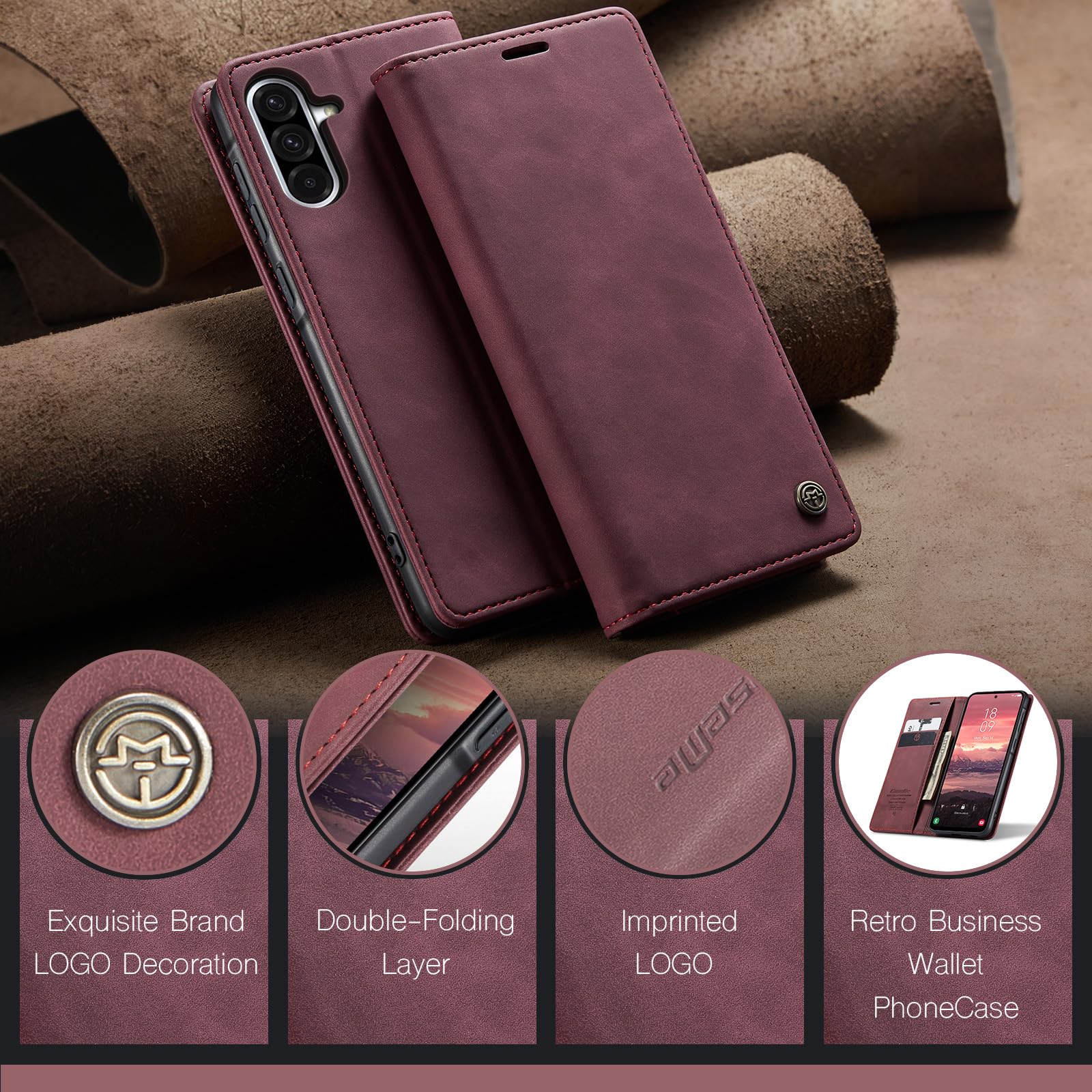 Azororo Cover per Samsung Galaxy A56 5G, Premium PU Pelle Custodia, Magnetica Carta Fessura Portafoglio Case, Flip Cavalletto Custodia per Samsung Galaxy A56- Vino Rosso