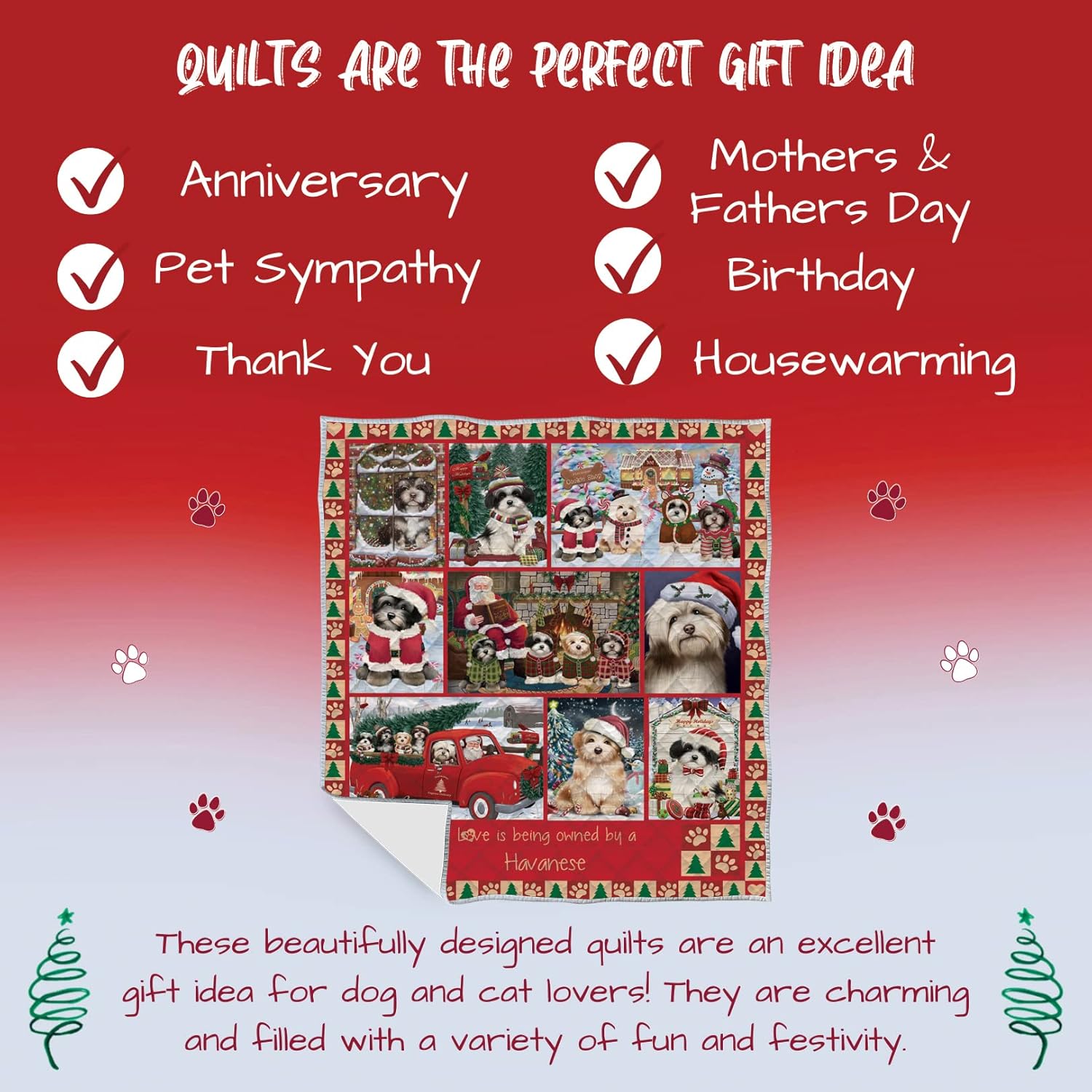 Love is Being Owned Christmas Havanese Dog Quilt Bed Coverlet Bedspread - Pets Comforter Unique One-Side Animal Printing - Soft Lightweight Durable Washable Polyester Quilt, 70"x80"