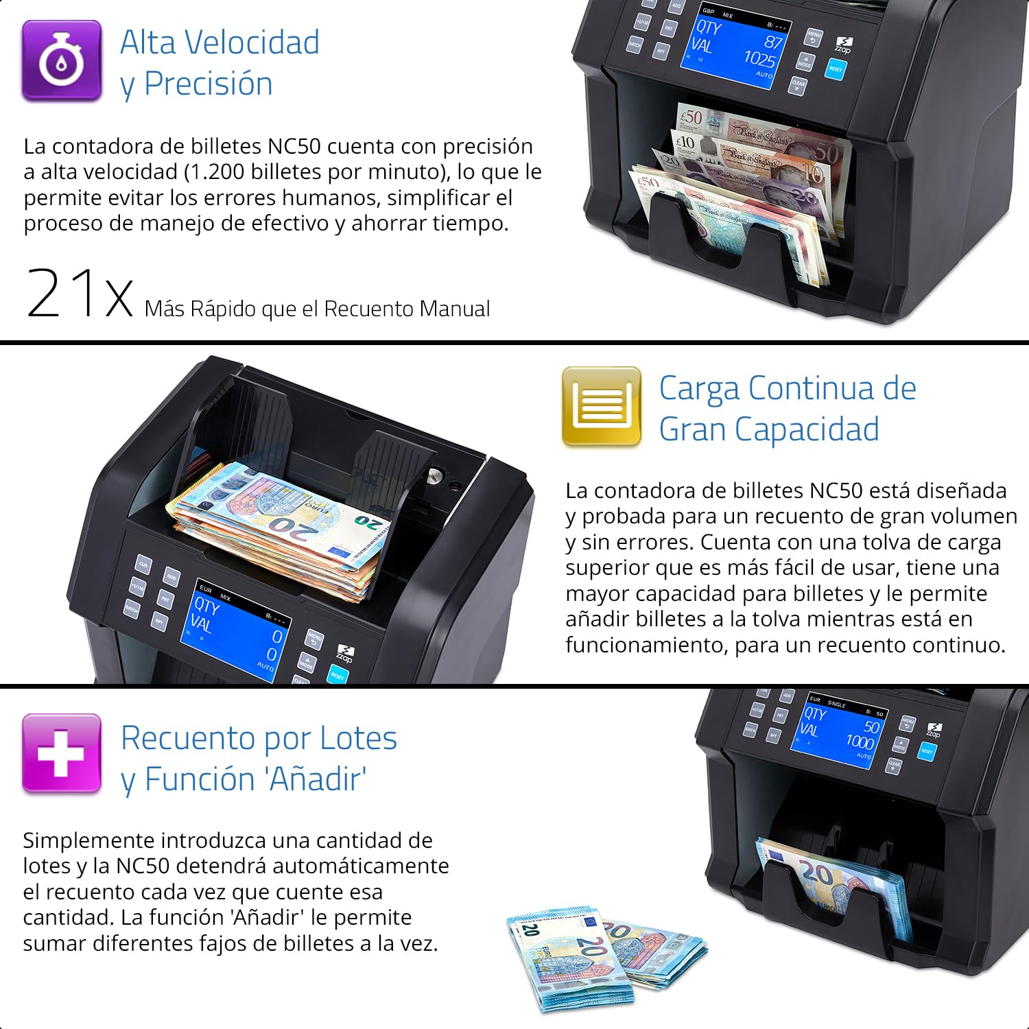 ZZap NC50 Contadora de Billetes y Detector de Falsificaciones - Contadora de Valor para Denominaciones Mixtas - Máquina de Efectivo