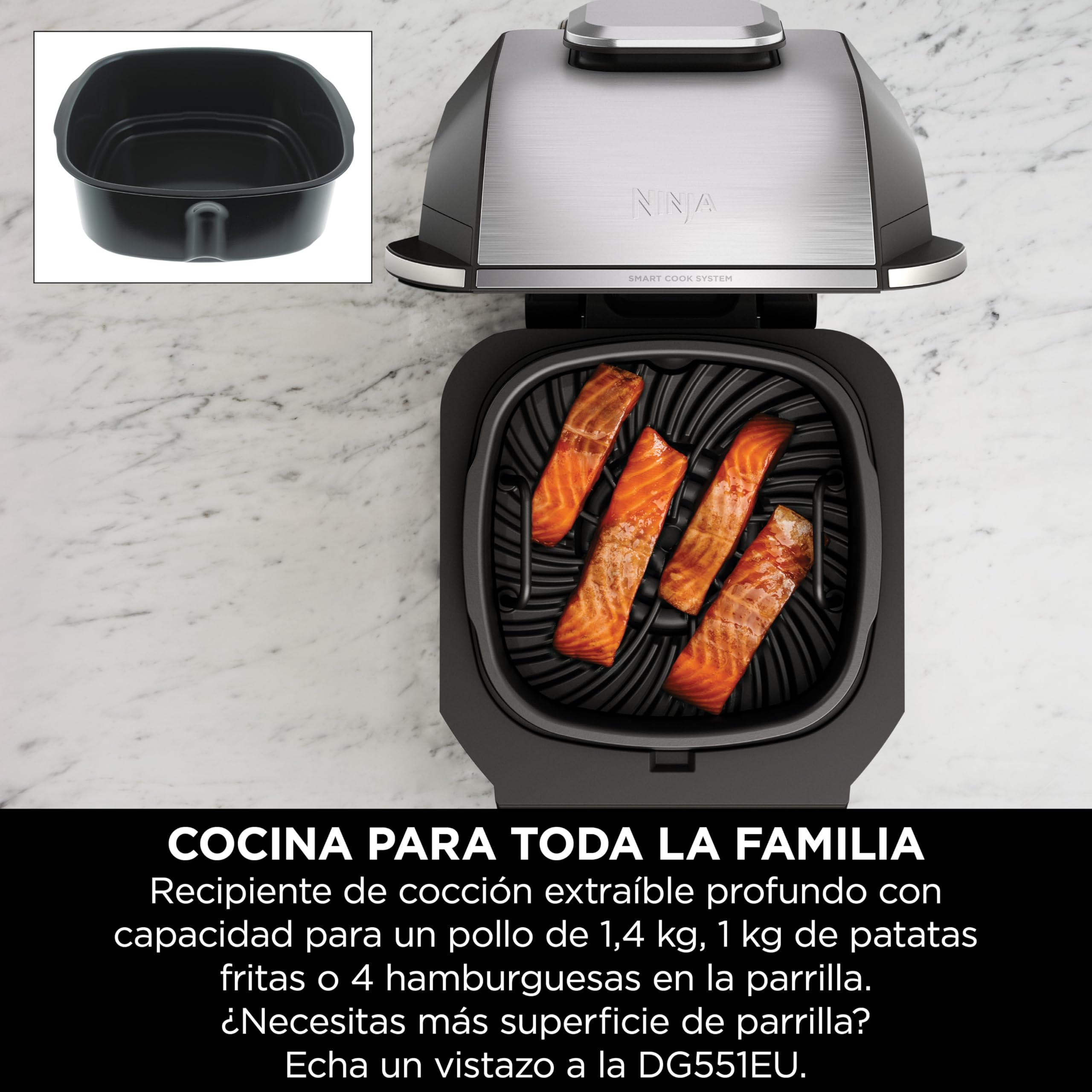 Ninja 5 en 1 Freidora de aire y parrilla de interior, 5 funciones de cocción sin humo, cocina hasta 4 hamburguesas, capacidad de 5,7 l, incluye termómetro digital para carne, negro/plata, EG351EU