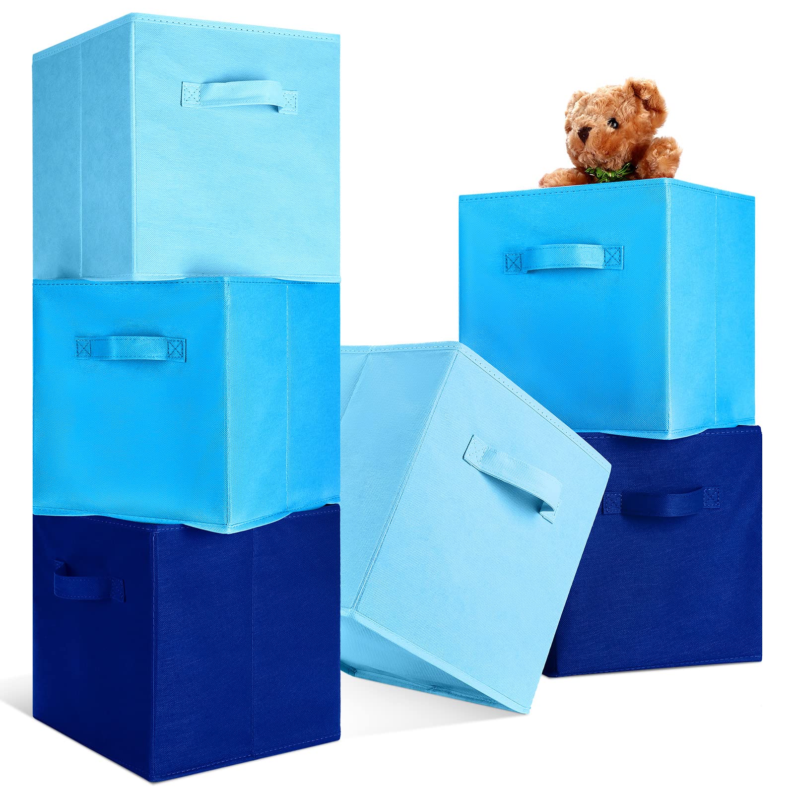 Karenhi 6 Stück 27,9 x 26,7 x 26,7 cm Stoff-Aufbewahrungskörbe Aufbewahrungswürfel Organizer mit Griffen, faltbare Regalkörbe für Zuhause, Kinderzimmer, Schrank, Cubby, Spielzeug, Tuch (blau)