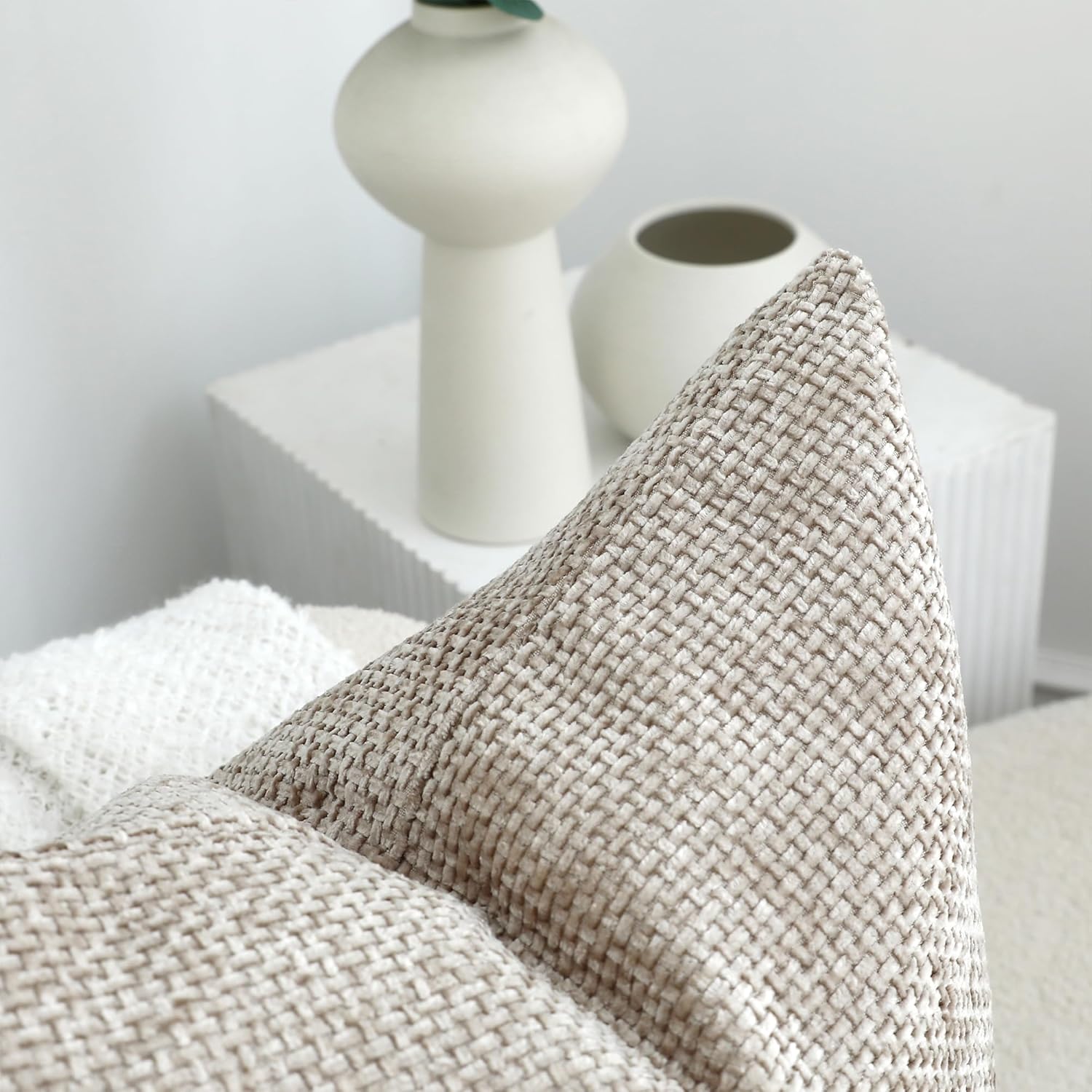 Stellhome Pack of 2 Woven Textured Decorative Throw Pillow Covers Soft Chenille Accent Luxury Cushion Cases for Living Room Couch Bed Sofa Farmhouse Boho Home, 20x20 inch, Light Brown - Image 2