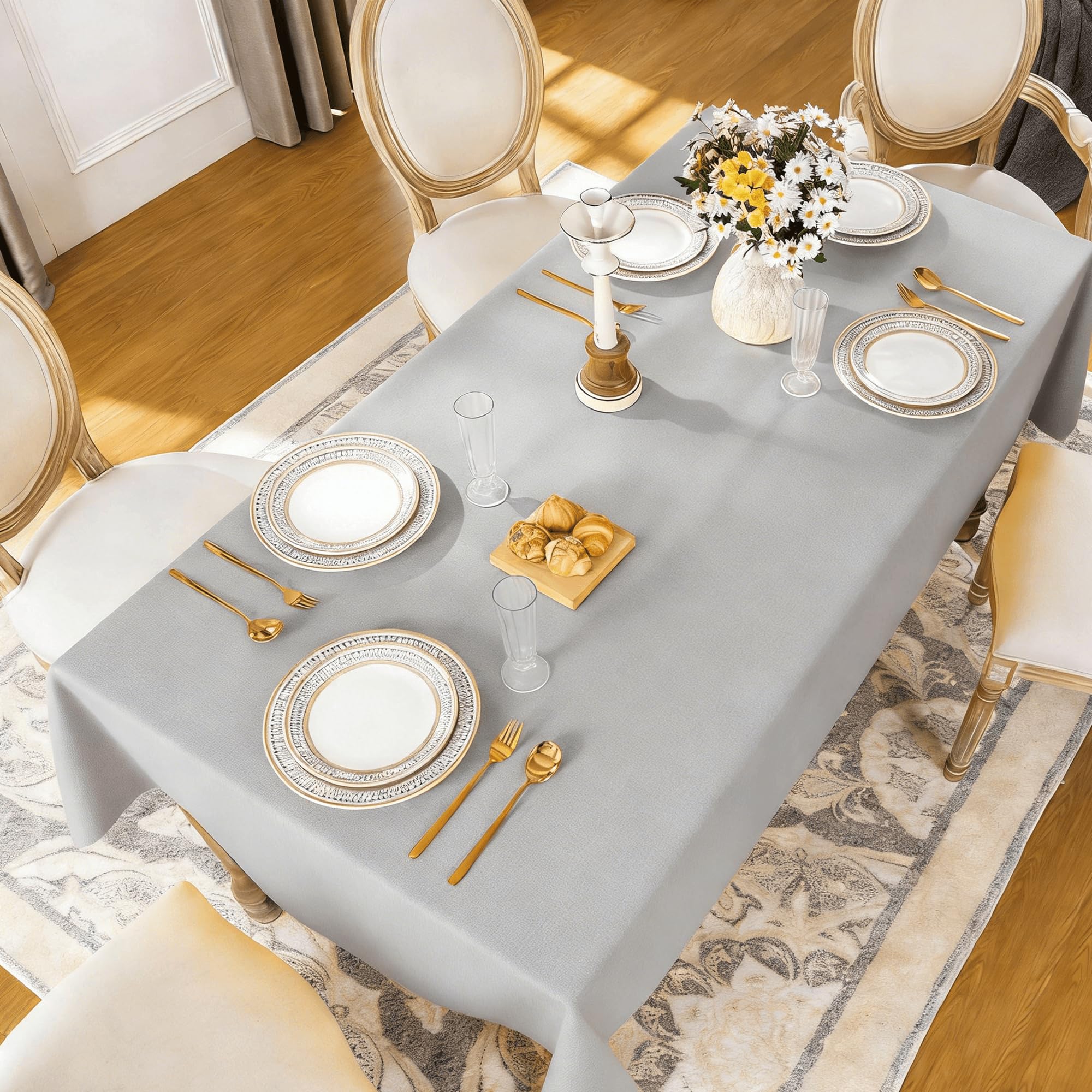 Hule Antimanchas 110 x 250 cm Repelente Al Agua, Antimanchas, Lavable Manteles Mesa Rectangular Resistente y Fácil de Limpiar para Banquetes para Todo El Año, Gris Claro