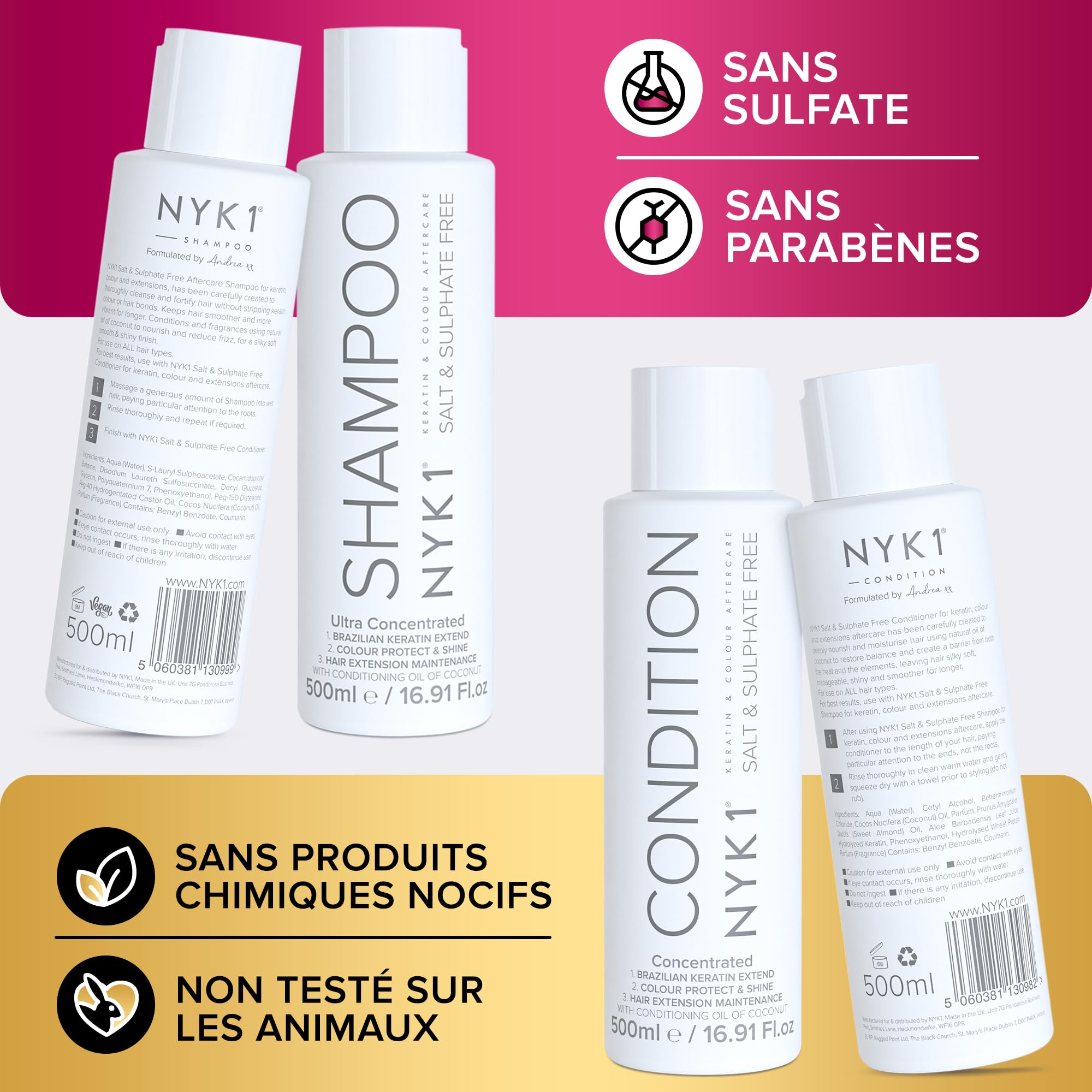 NYK1 Coffret Shampooing Et Apres Shampoing Sans Sulfate (500ml x2) Ensemble Shampoing Sans Sulfate Pour Extensions, Coloration Et Soin Kératine - Nettoyage En Douceur Et Prévention De La Casse