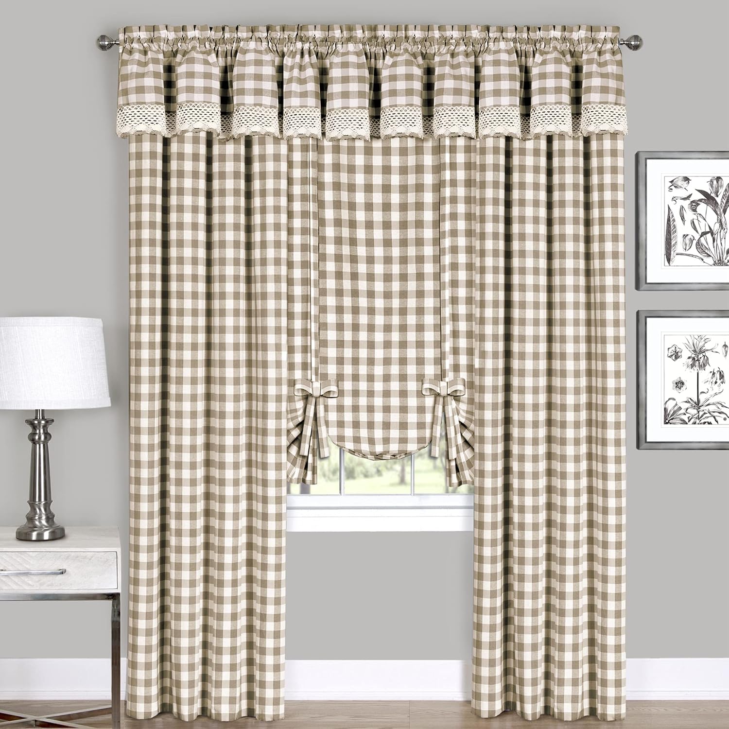 Ergode Buffalo Check Tie Up Shade | Charming Check Pattern | Sophisticated & Secluded | Versatile Window Treatment
