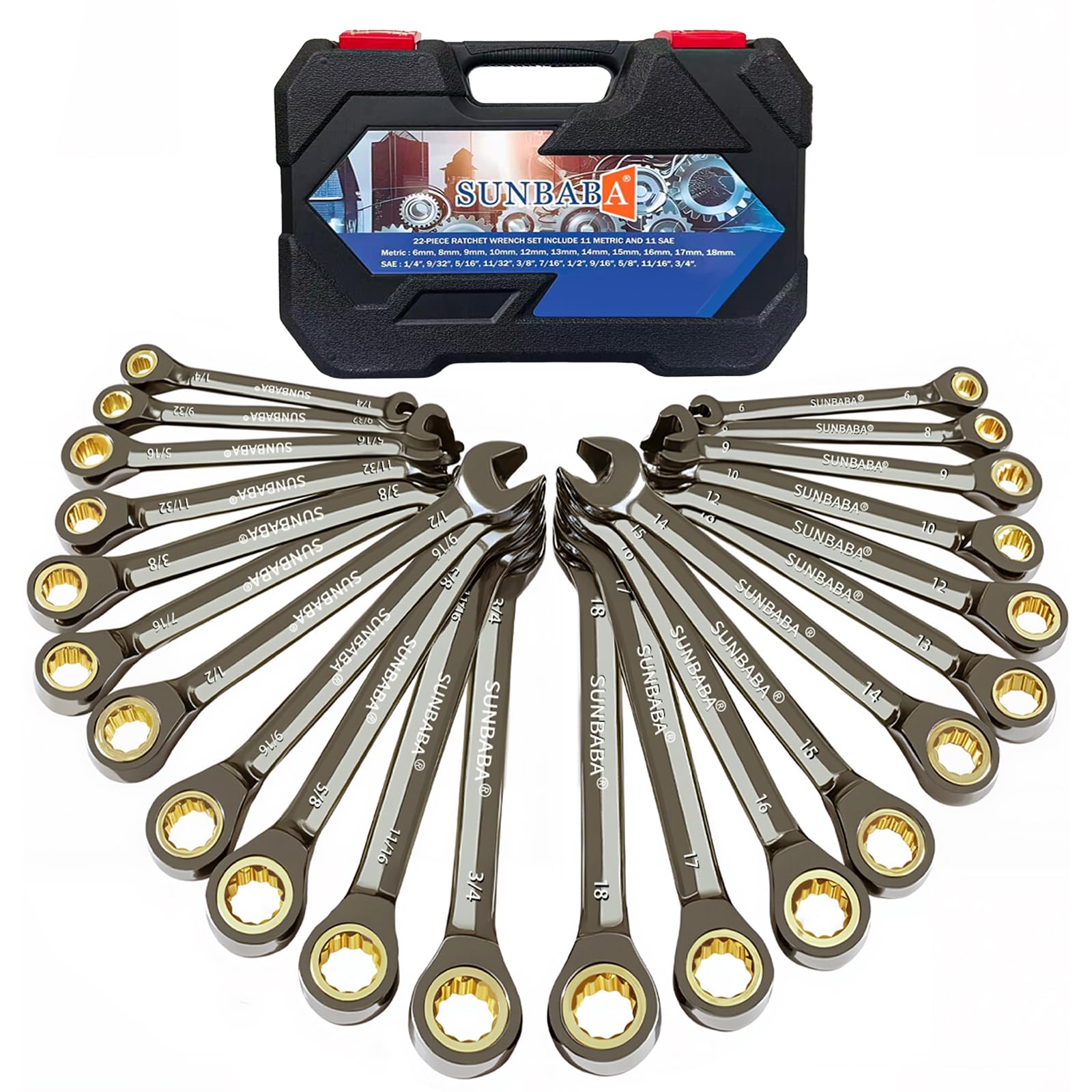 Sunbaba Ratchet Wrenches Set 22 Pcs,Anti-slip 72 Teeth,Combination Ratcheting Wrench Sets Metric 6-18mm & SAE 1/4"-3/4" with Organizer Box,CRV Steel