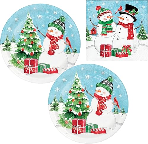 Juego de suministros de fiesta de muñeco de nieve para 16  Paquete de platos y servilletas con diseño de copos de nieve y muñecos de nieve