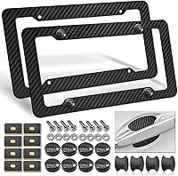 FBJTDQ Carbon Fiber License Plate Frames 2-Pack - Black Pattern ABS Plastic Front Rear Holders with Hardware & Stickers