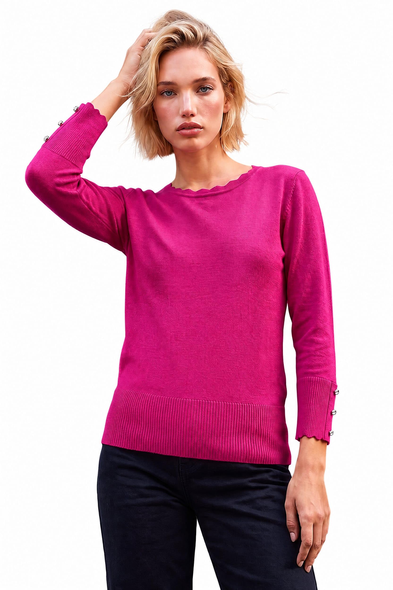 Roman Women's Scallop Neck Button Knit Jumper in Fuchsia | Size: 18