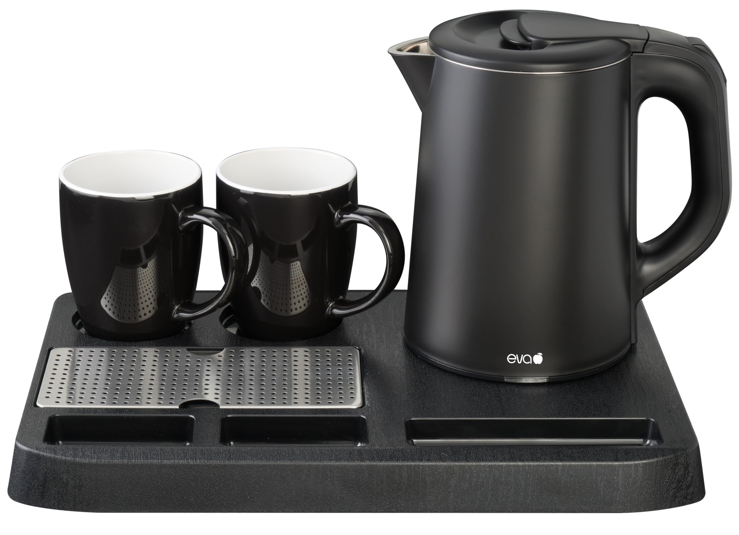 EVA® Set bollitore WK9102 - Nero – 0,8 litri - Acciaio inox a doppia parete – 2 tazze in ceramica – Softtouch – Set 4 pezzi - 1360W - per B&B, Hotel, Affittacamere