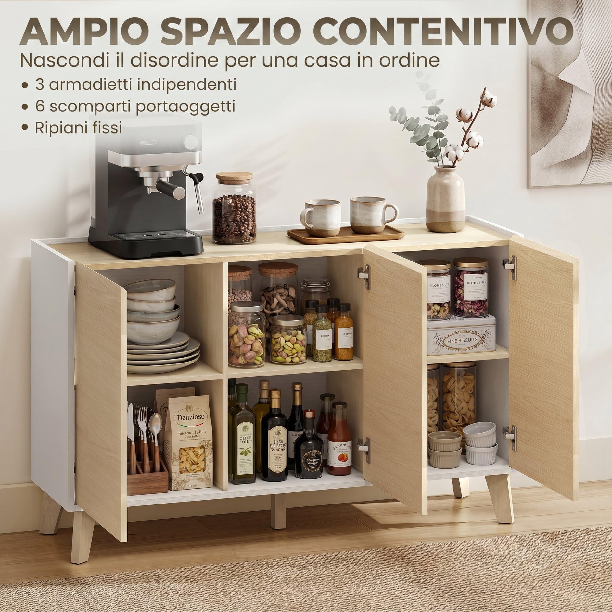 HOMCOM Credenza Cucina, Mobile Cucina con 3 Ante Soft-Close, 6 Scomparti, Base Rialzata, Stile Nordico, Mobile Buffet per Soggiorno, Sala da Pranzo, 120x35x73.5 cm, Color Legno e Bianco