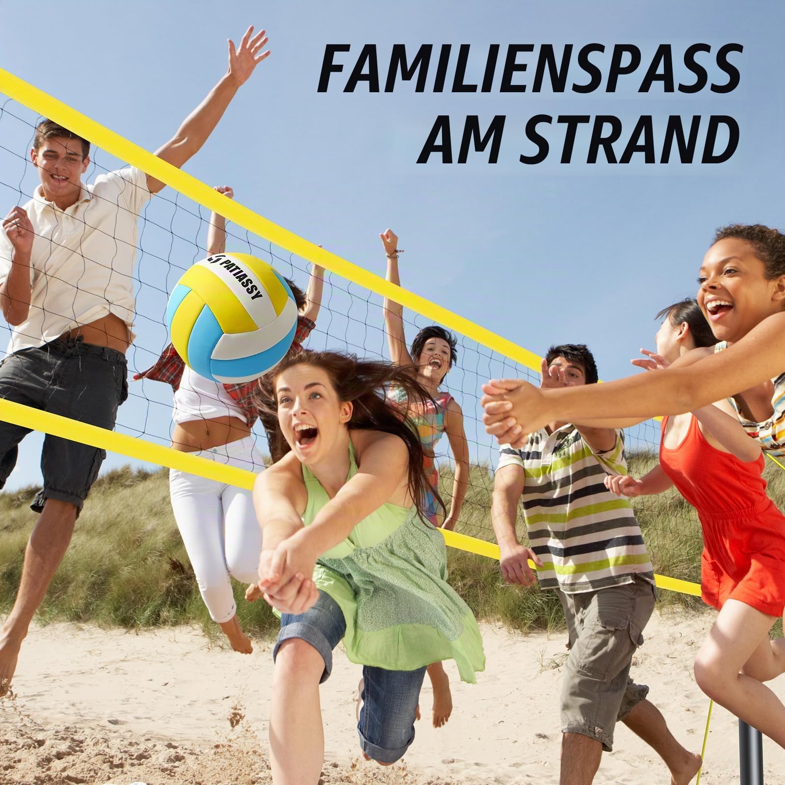 Volleyball Netz Set 9,5m x 1m mit Höhenverstellbar Stahlstangen, PU Ball, Pumpe, Grenzlinie, Tragetasche für Strand Indoor Outdoor