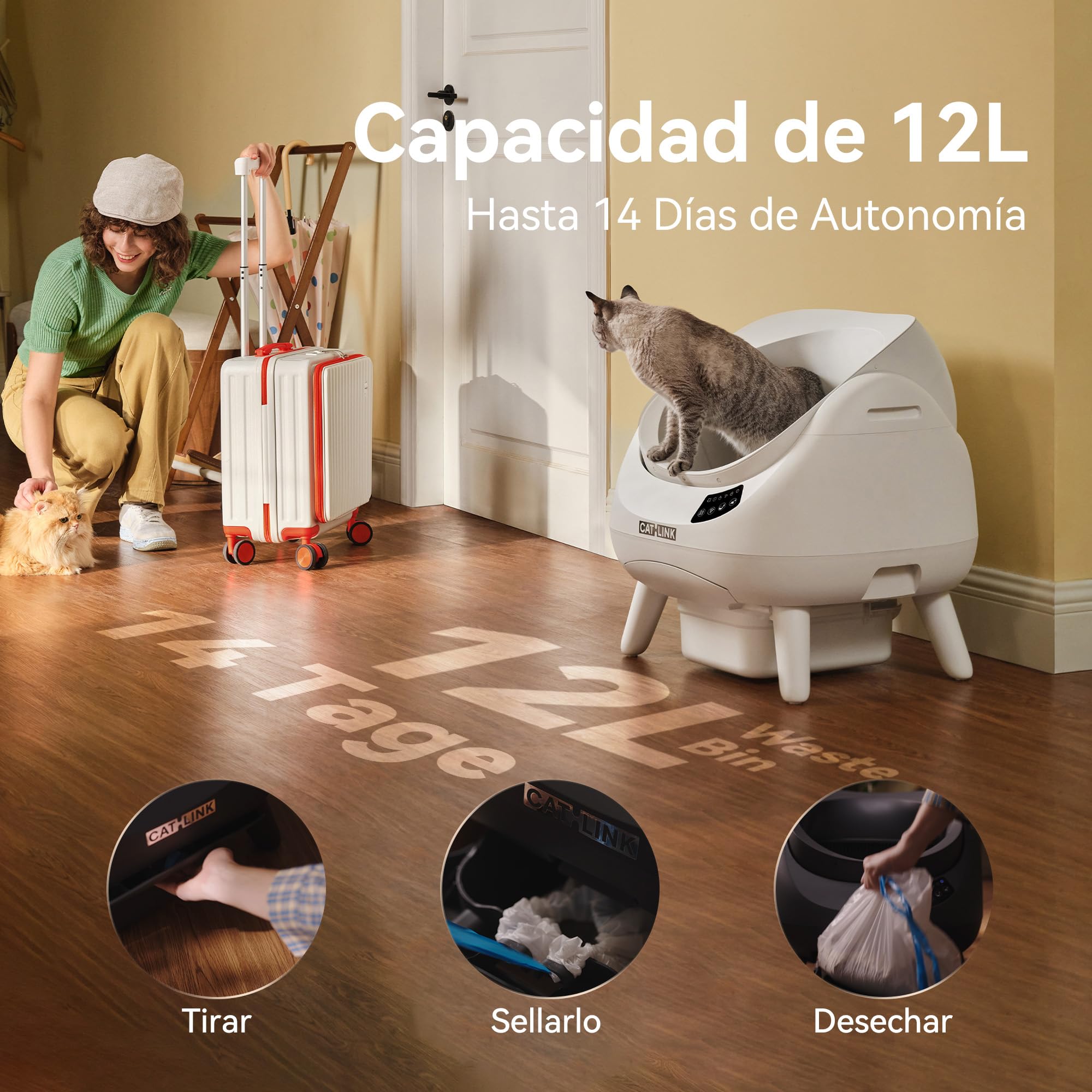 CATLINK Arenero Autolimpiable para Gatos, Caja de Arena Automática con Entrada Superior, Wi-Fi 5 GHz, Gran Capacidad 12L, Compatible con Todo Tipo de Arenas, Ideal para Hogares con Varios Gatos