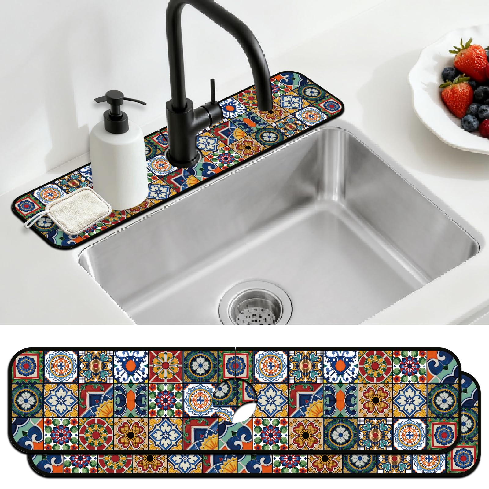 CONCHLERY 2 Pcs Faucet Mat Colored Bohemian Tiles 23.6x5.5 Inch โ image 1