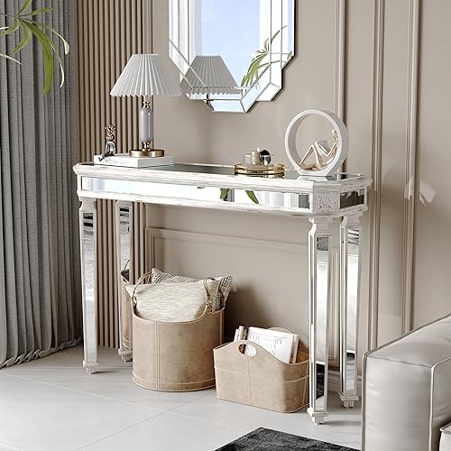 Miniatura 6 de Mesa de sofá con consola de espejo con acabado plateado, mesa de entrada con espejo para sala de estar, dormitorio, entrada, pasillo