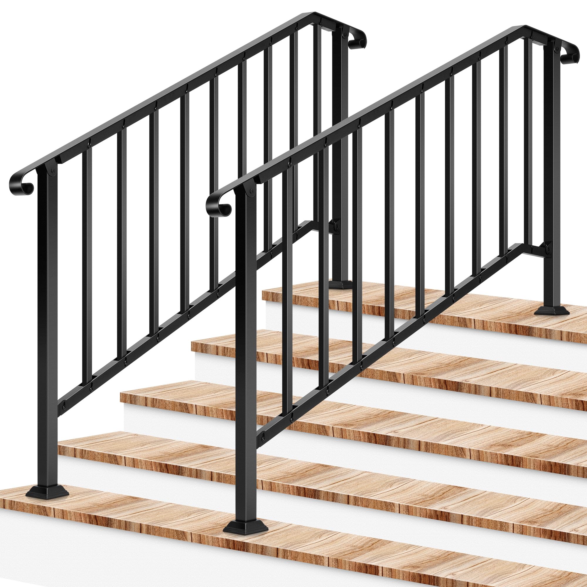 VIVOSUN 2-Pack 5-Step Railing 69"x36" Wrought Iron with Curved &amp; Balusters