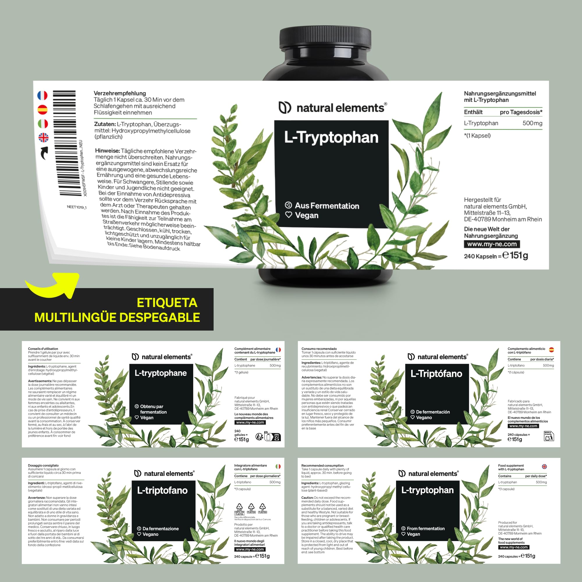 L-Triptófano puro 500mg alta dosis - 240 Cápsulas para 8 meses - Triptofano de fermetación vegetal para tu bienestar completo - Sin aditivos, vegano y probado en laboratorio en Alemania