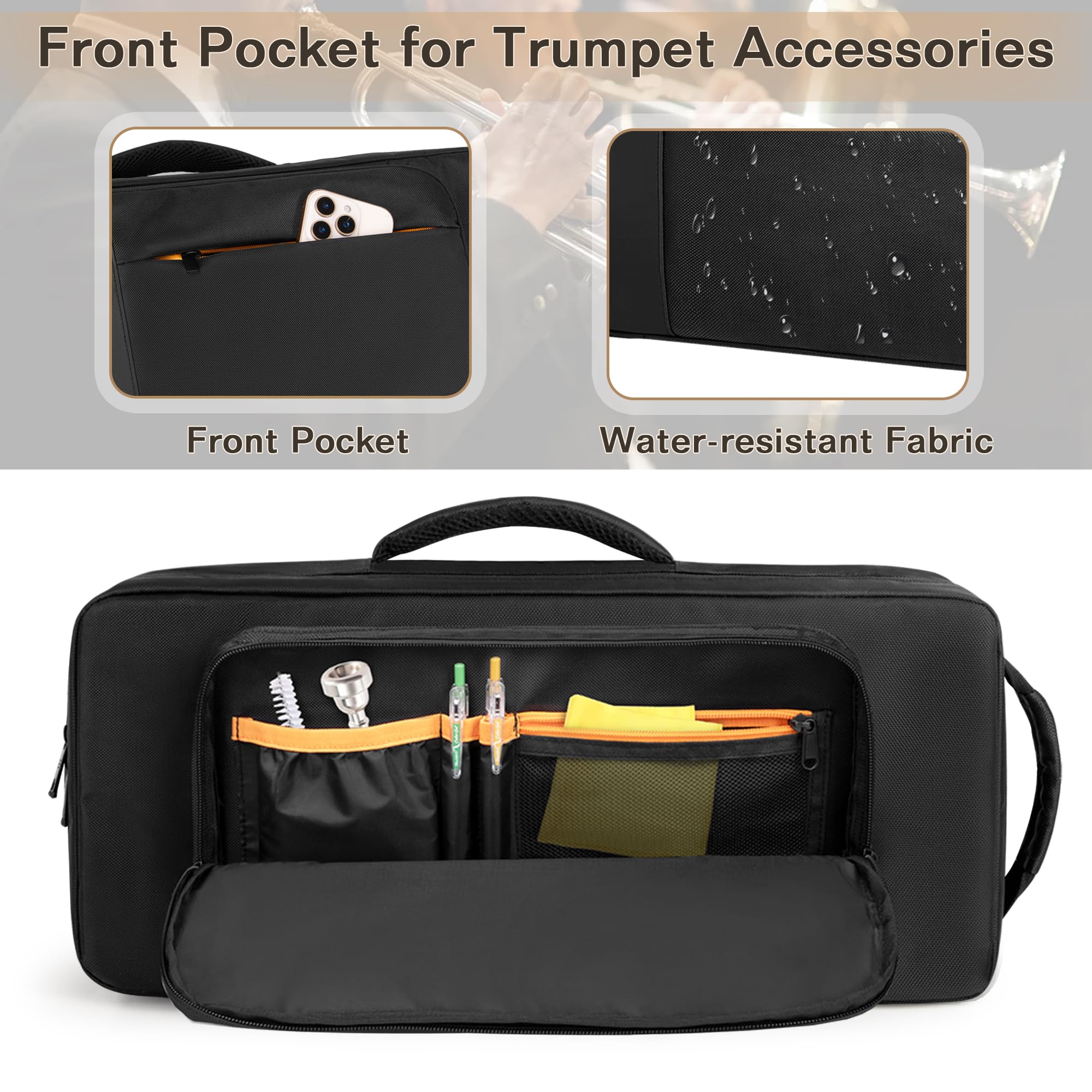 LoDrid Mochila de Almacenamiento para Trompeta, Estuche de Transporte para Instrumentos Musicales con Forro de Algodón Grueso, Bolsillo Separado para 2 Sordines, 2 Formas de Transporte, Negro