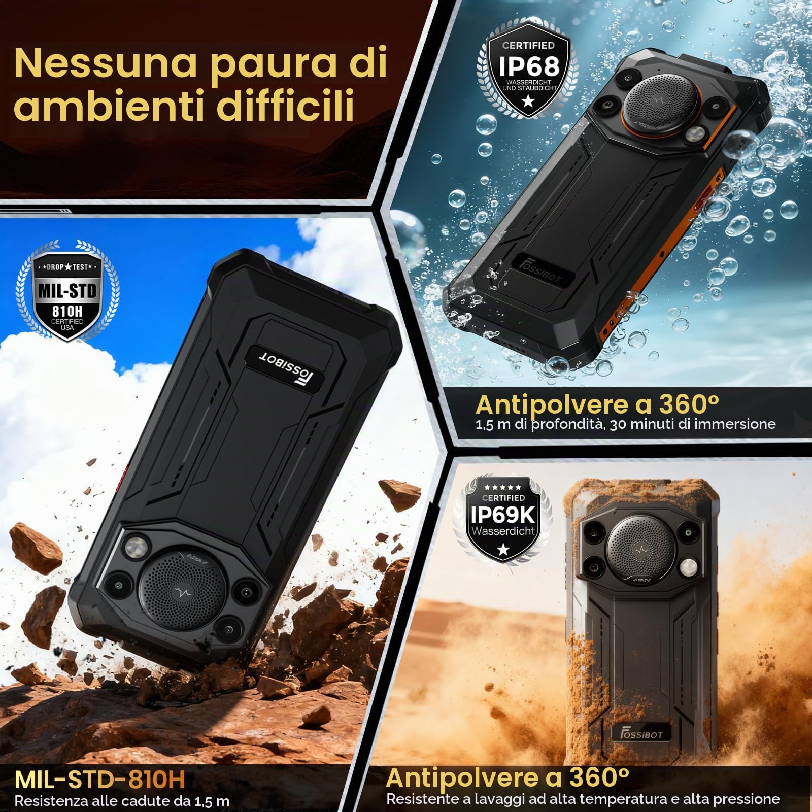 FOSSiBOT F110Pro 5G-10000mAh Rugged Smartphone, 128dB Altoparlante Telefono Indistruttibile, MediaTek Dimensity 6300+, 20GB+128GB/2TB Android 15 cellulare 6.75", 50MP AI Fotocamera, 5G Dual SIM