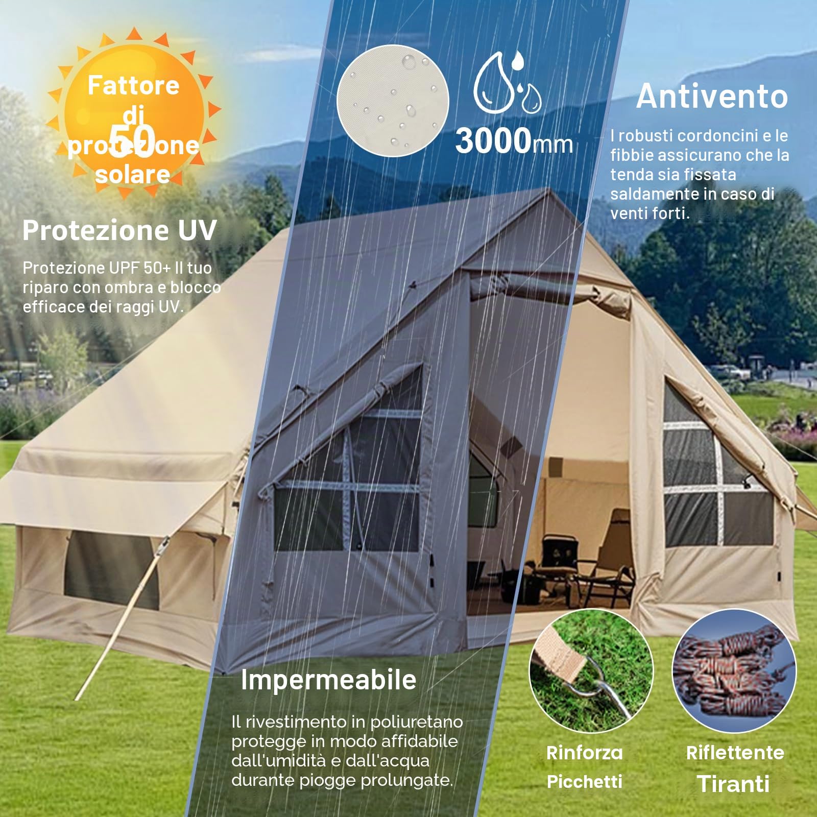 Tenda gonfiabile per campeggio 2/4/6/8 persone, grande tenda d'aria con parapioggia, tende gonfiabili di facile installazione, tende da campeggio