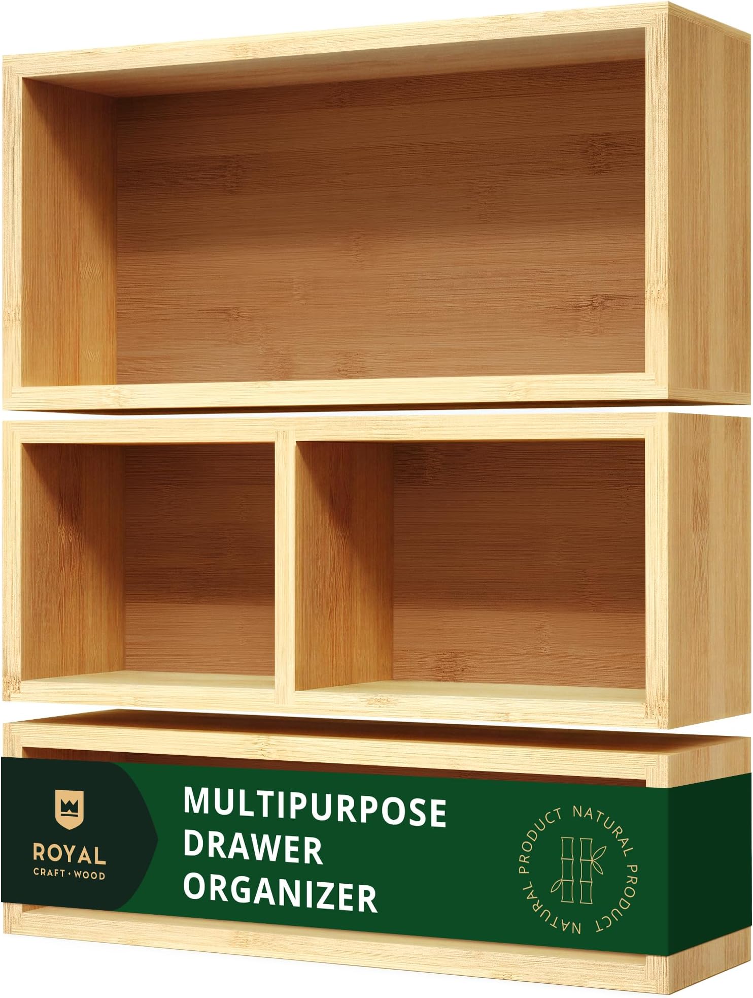 Luxury Bamboo Drawer Organizer Storage Box, Bin Set - Multi-Use Drawer Organizer for Kitchen, Bathroom, Office Desk, Makeup, Jewelry (3 Boxes)
