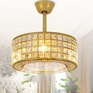 DWVO 18" Crystal Caged Ceiling Fan with Light, Modern Industrial Chandelier with Remote, 3 Speed & 3 Color Temperatures, Reversible Blades for Bedroom, Living Room - Gold