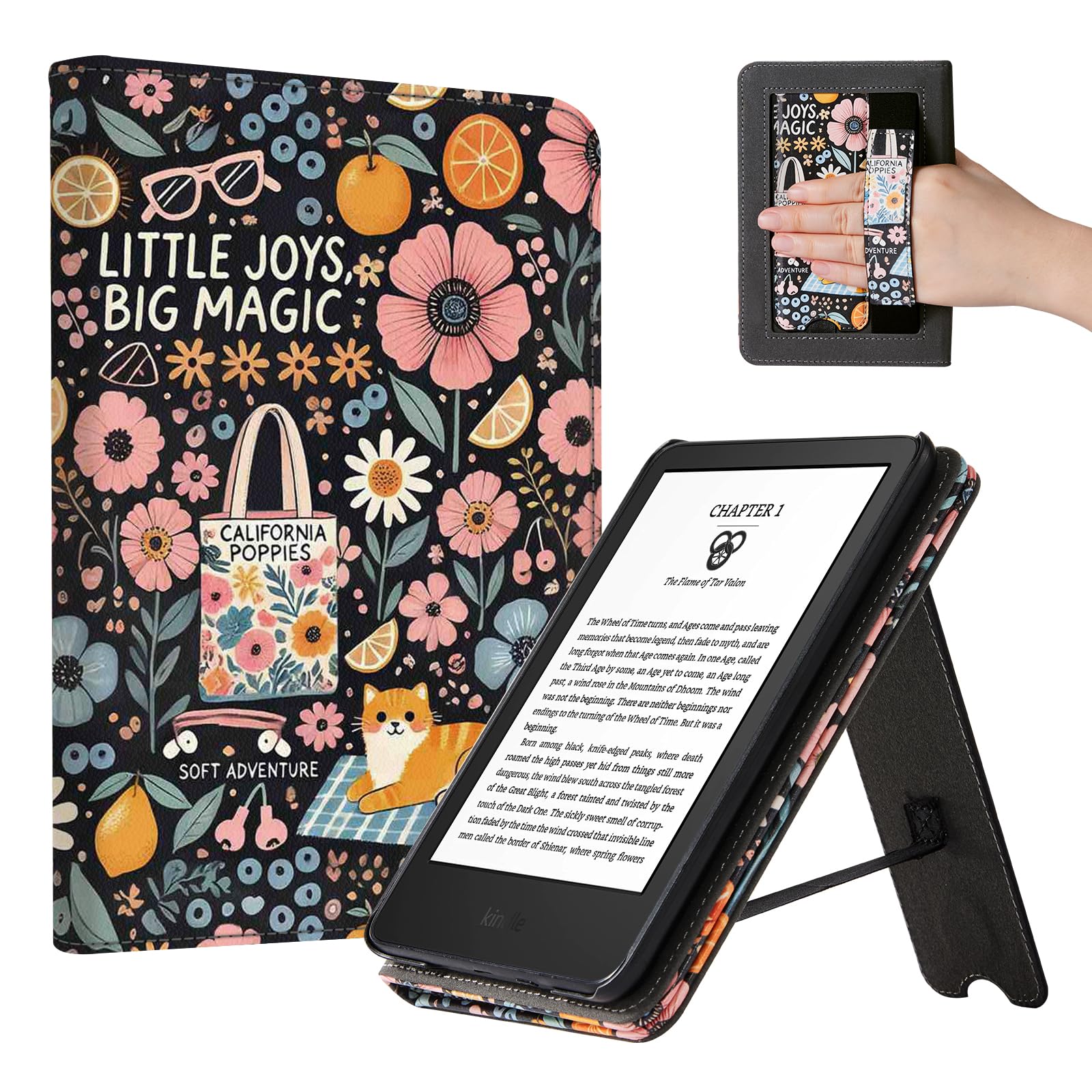 CoBak Case for 6" E-Reader - PU Leather Smart Cover with Auto Sleep/Wake &amp; Hand Strap, not Compatible with Kobo Clara,Little Joys