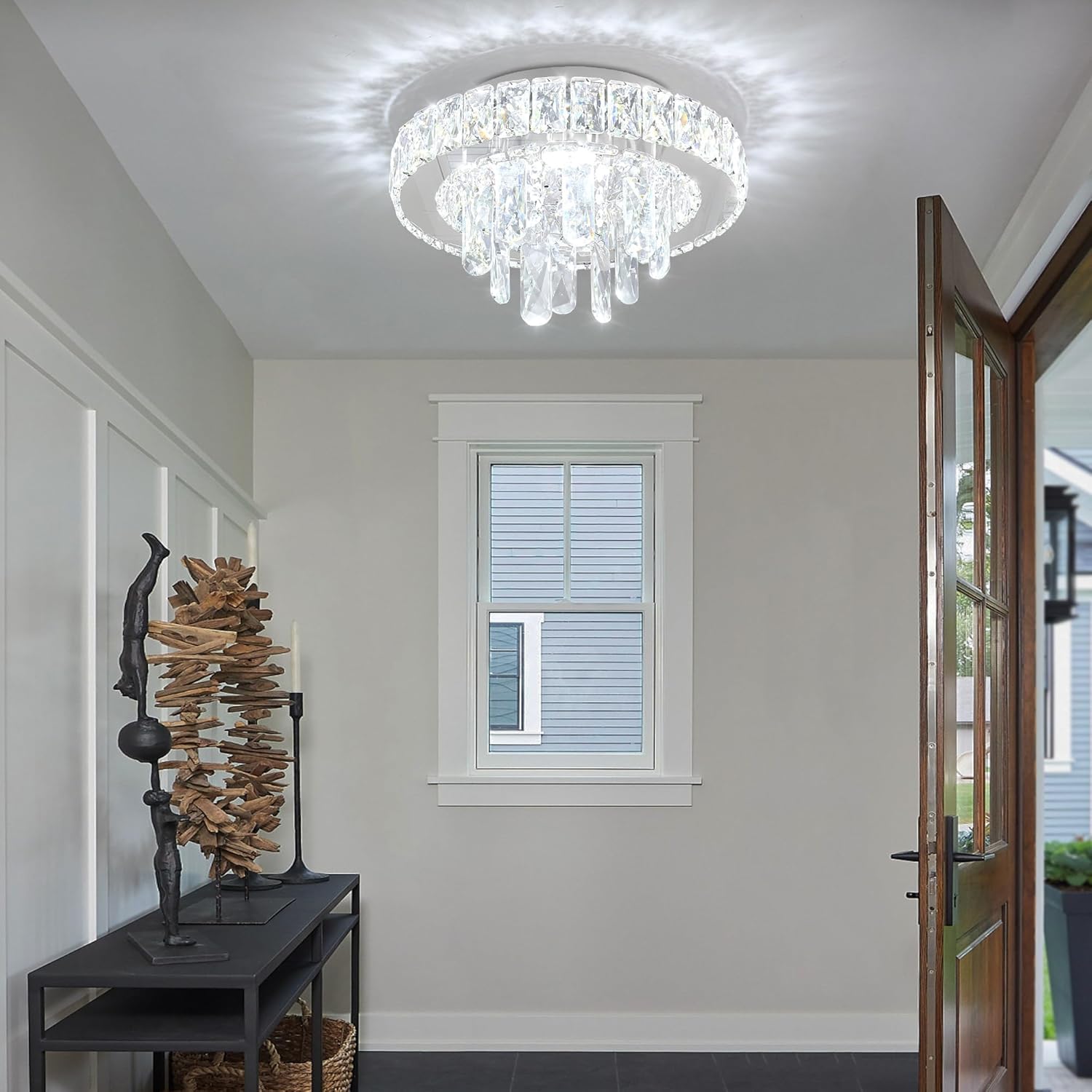 Dia 12" Mini Crystal Chandelier Modern Raindrop Chandeliers LED Dimmable Flush Mount Chandelier Crystal Ceiing Light for Entryway Hallway Bedroom Dining Room Silver