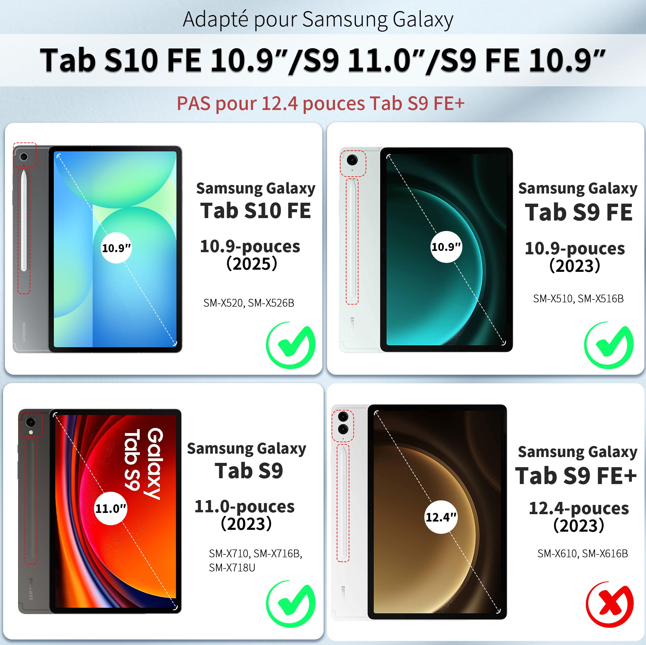 EasyAcc Étui Clavier pour Samsung Galaxy Tab S10 Lite 5G / S10 FE / S9 FE / S9 10.9" / 11" (2025/2023) avec Film de Protection, [AZERTY] Étui de Protection pour Clavier Amovible avec Porte-Stylo, Noir