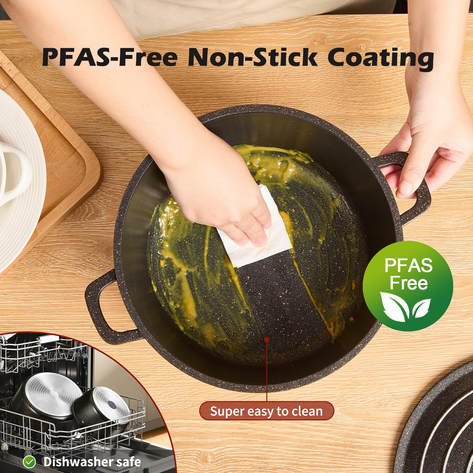 Casseruola in ghisa a induzione 28 cm, pentola rotonda 6,3 l, in ghisa di alluminio, con rivestimento antiaderente, pentola con coperchio, ideale per zuppa, stufati, pane, forno e gas, nero