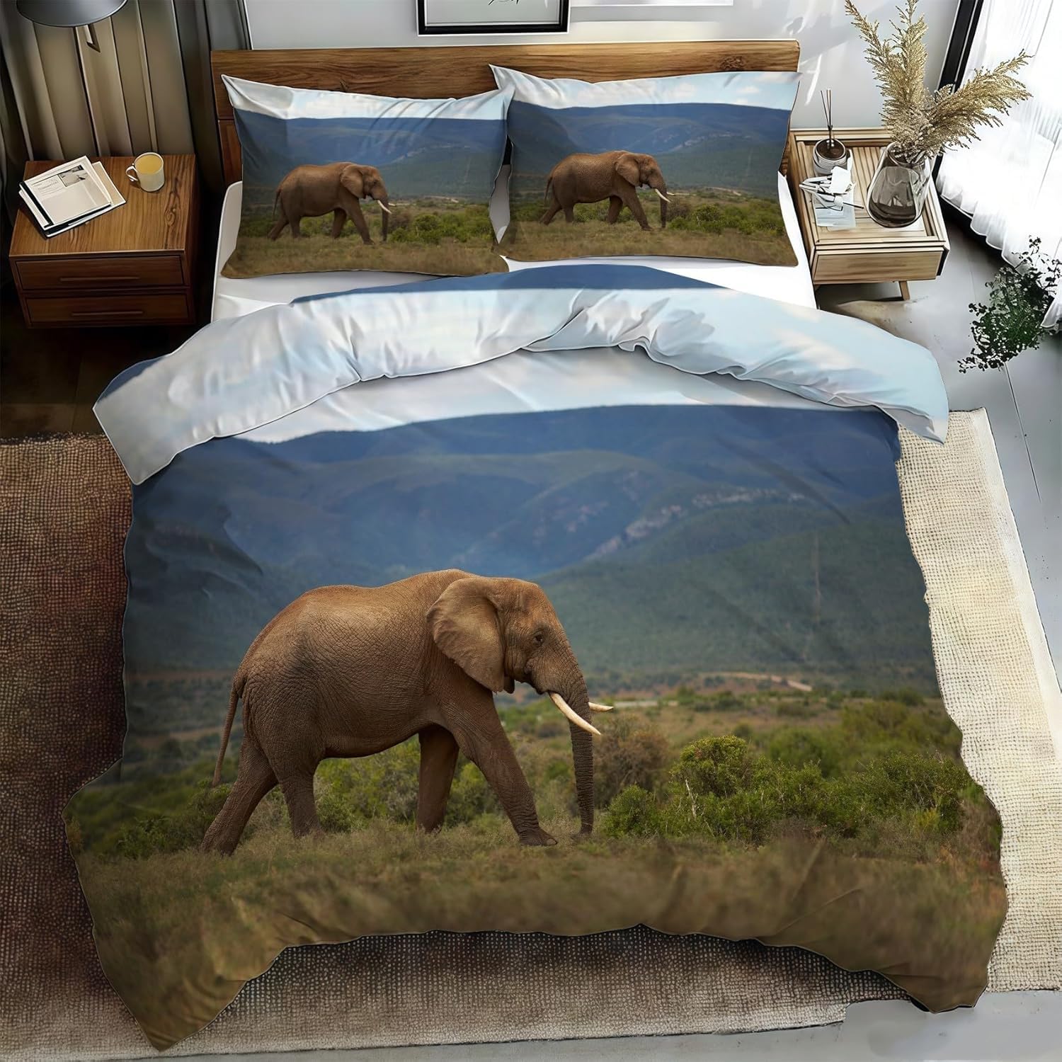 3-częściowy komplet pościeli ze słoniem 220 x 240 cm, poszwa na kołdrę 220 x 240 cm, zwierzęta afrykańskie, druk 3D, zestaw pościeli z miękkiej mikrofibry z zamkiem błyskawicznym i 2 poszewkami na