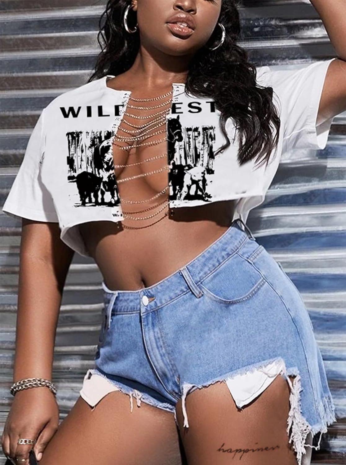 Hilinker Women's Sexy Graphic Crop Tops Summer Cut Out Chain Shirts Short Sleeve Cropped Tee - Image 3