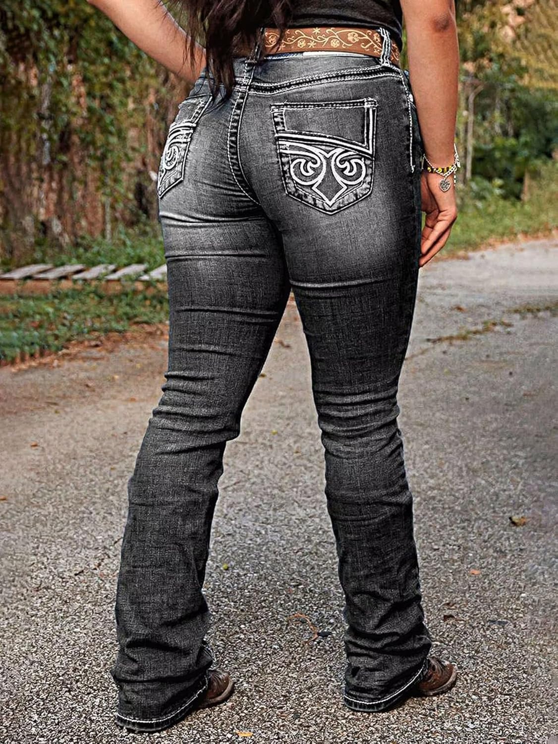 Flamingals Boot Cut Jeans for Women Trendy Stretch Jeans Butt Lifting Tummy Control Denim Pants Sea Blue 2XL