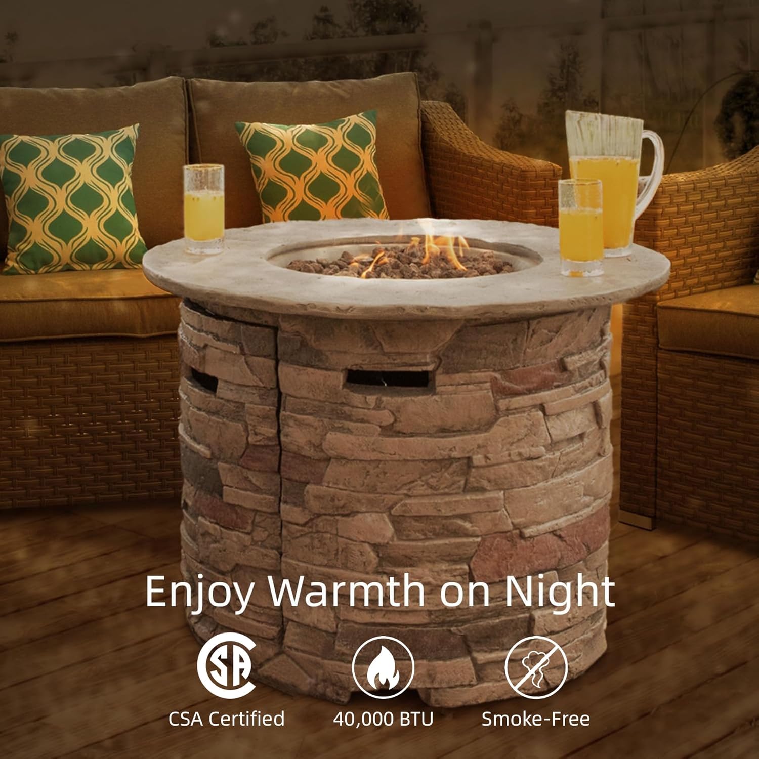 SUNBURY Outdoor Fire Pit Propane Round Fire Pit Table Fire Column, Stonecrest 40,000 BTU Gas Fire Pits for Outside w Lava Rocks, Waterproof Cover, CSA Certified