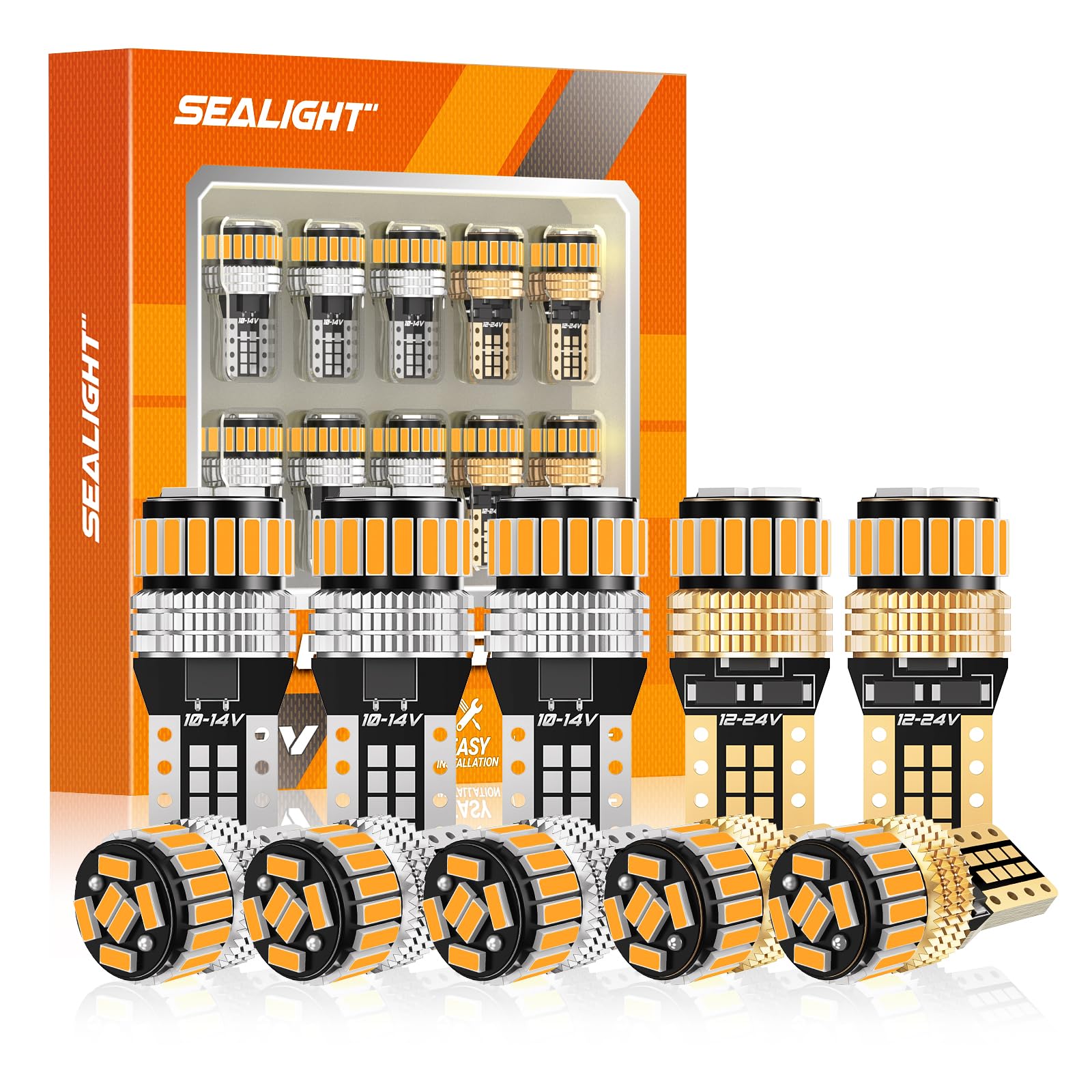 SEALIGHT 194 LED Bulb 2000K Amber 168 T10 2825 W5W 600% Brightness Wedge Interior Car Bulbs Replacement for License Plate Lights Dome Map Door Courtesy Trunk Parking, 10 PCS
