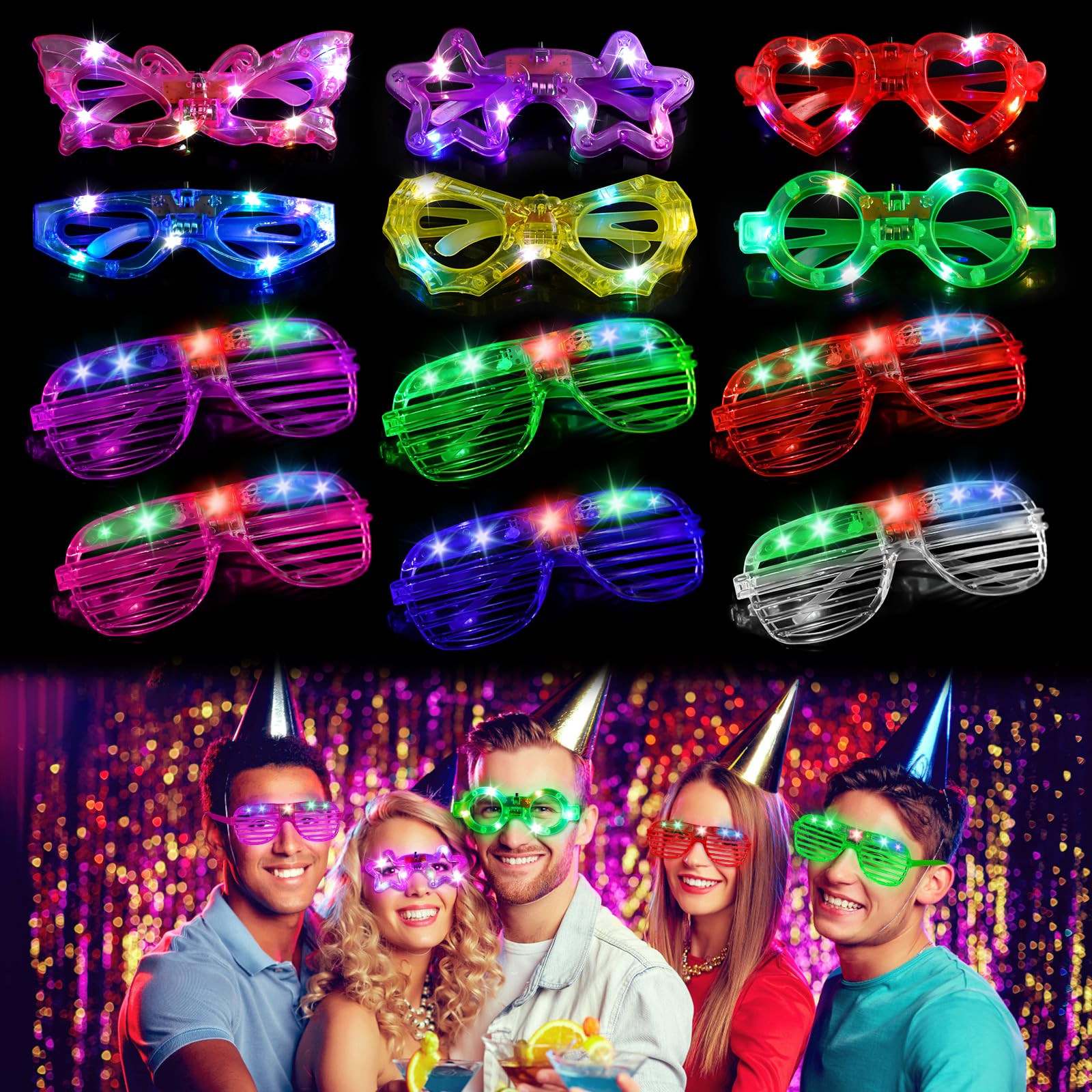 Gafas Led Fiesta, Gafas Luminosas LED, 12 Piezas Gafas de NeóN, Gafas para Fiestas, Gafas Fiesta Intermitentes, para Cumpleaños, Bodas, Raves, Concierto, Halloween, Decoración de Fiesta Navidad