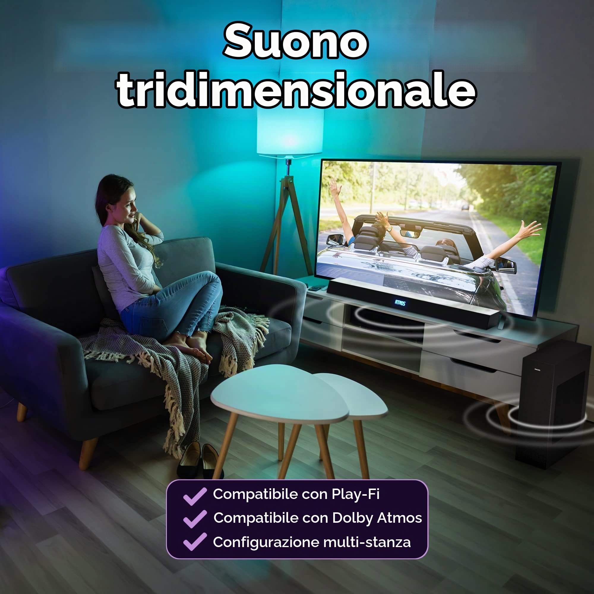 PHILIPS AUDIO B8405/10 Altoparlante Soundbar con Subwoofer Wireless, Bluetooth, 2.1 Canali, 240 W, Cinematic Dolby Atmos, HDMI eARC, DTS Play-Fi, Assistenti Vocali