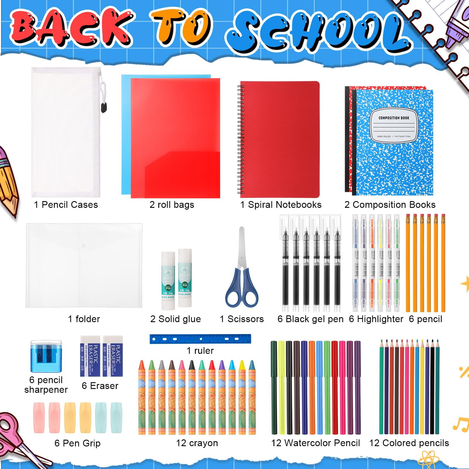 Gilprop 1 kit de fournitures scolaires 2025, 47 pièces par lot de fournitures pour la rentrée scolaire, lot de fournitures essentielles pour enfants, étudiants, filles, adolescents, salles de classe