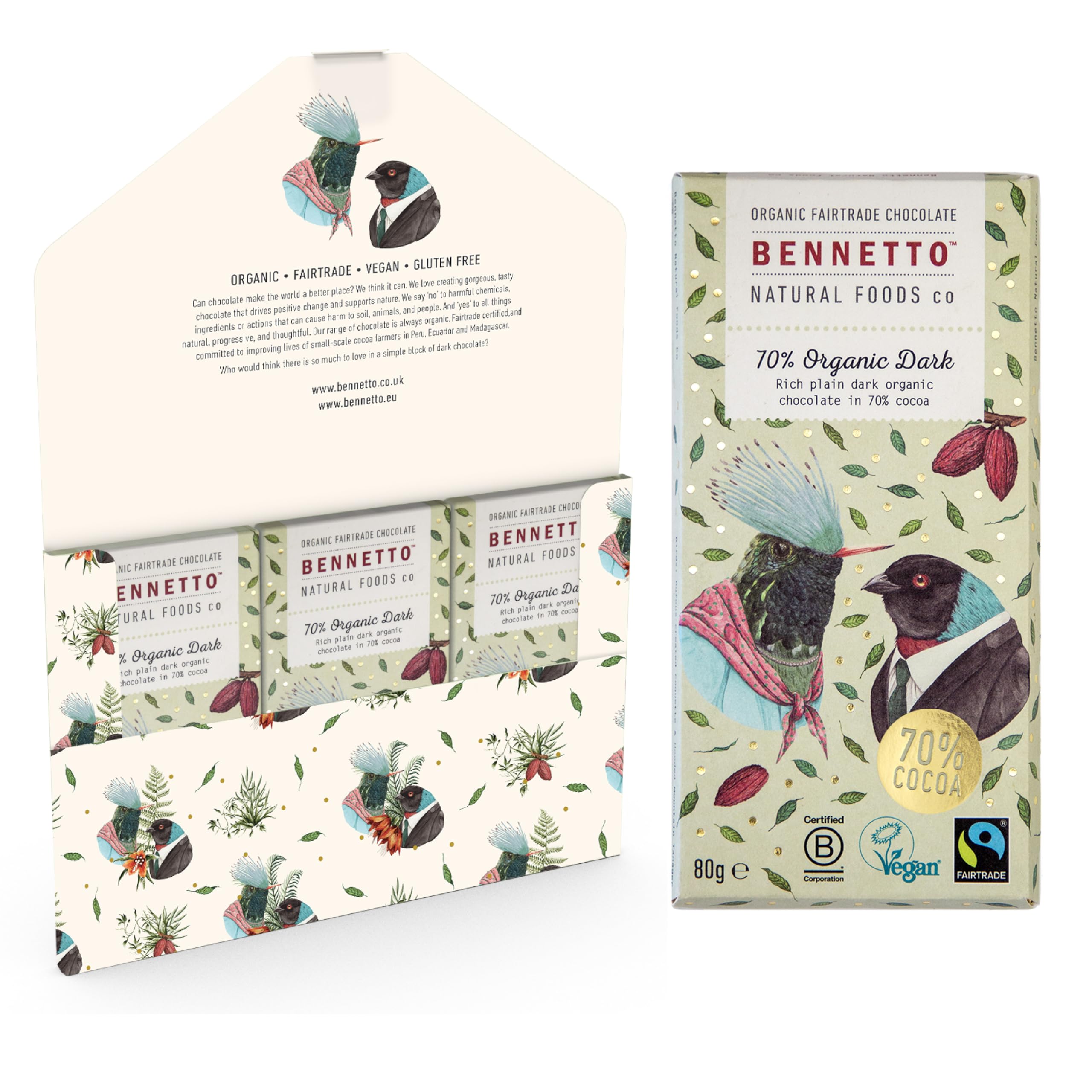 70% Organic Dark Rich, plain dark chocolate with 70% cocoa. Certified organic, Fairtrade, and net climate positive. Beautiful gifts for everyone. 3x 80g Full Size Bars.