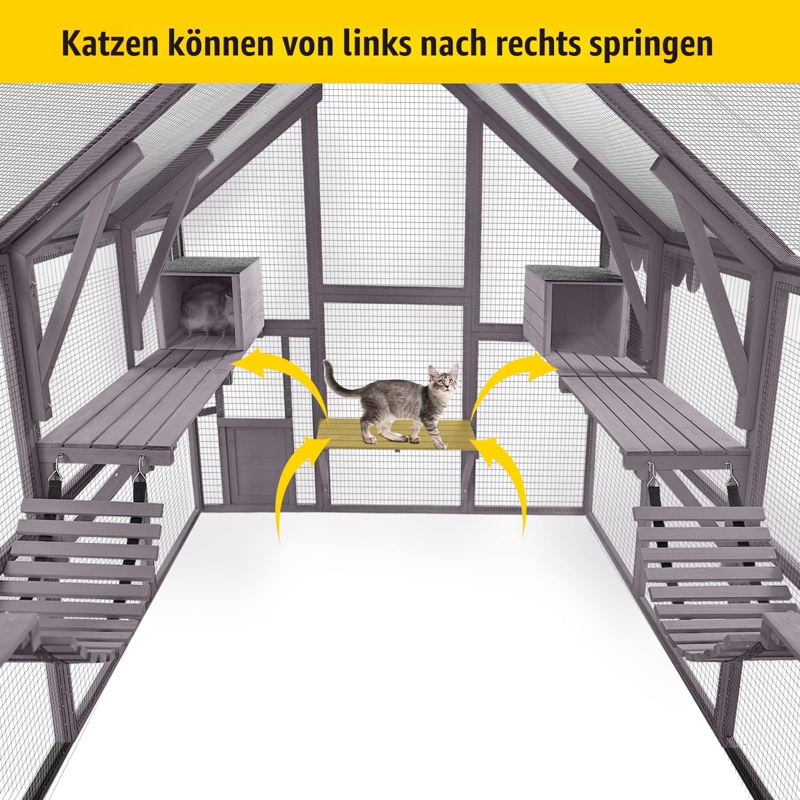 Großes Katzengehege aus Holz für Katzen, Terrasse, Outdoor, Katzenhaus mit Brücken, Spaziergänge, kleine Häuser, Dachabdeckung