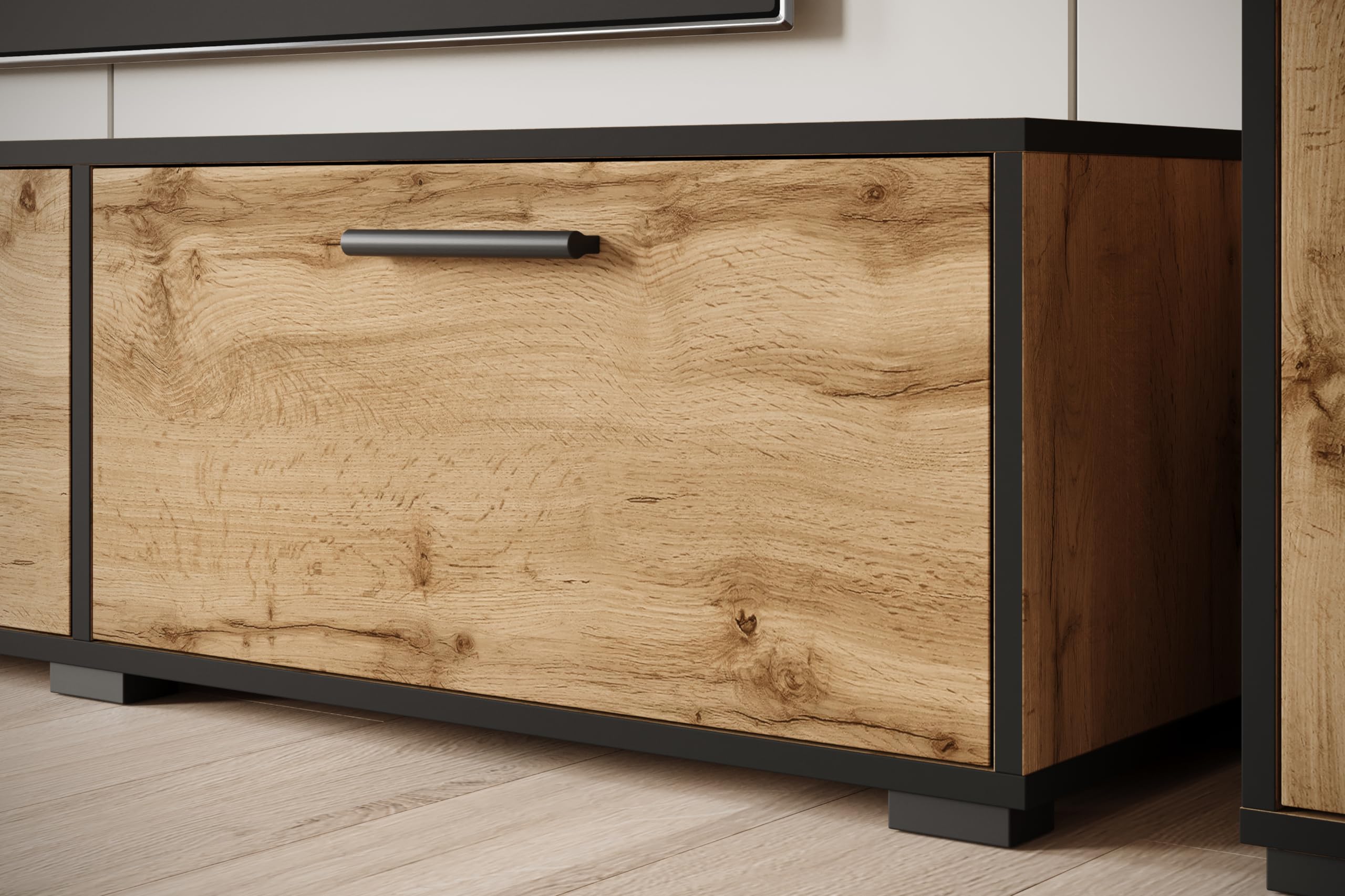 MINIO go for it - Wohnwand Wohnzimmer 4-teilig Toga, Wohnzimmer Möbel Set, 1x TV Lowboard, 2X Hochschrank, 1x Wandboard, Wohnzimmermöbel Komplett, Wohnzimmer Set - Farbe Wotan Eiche/Schwarz Farbe