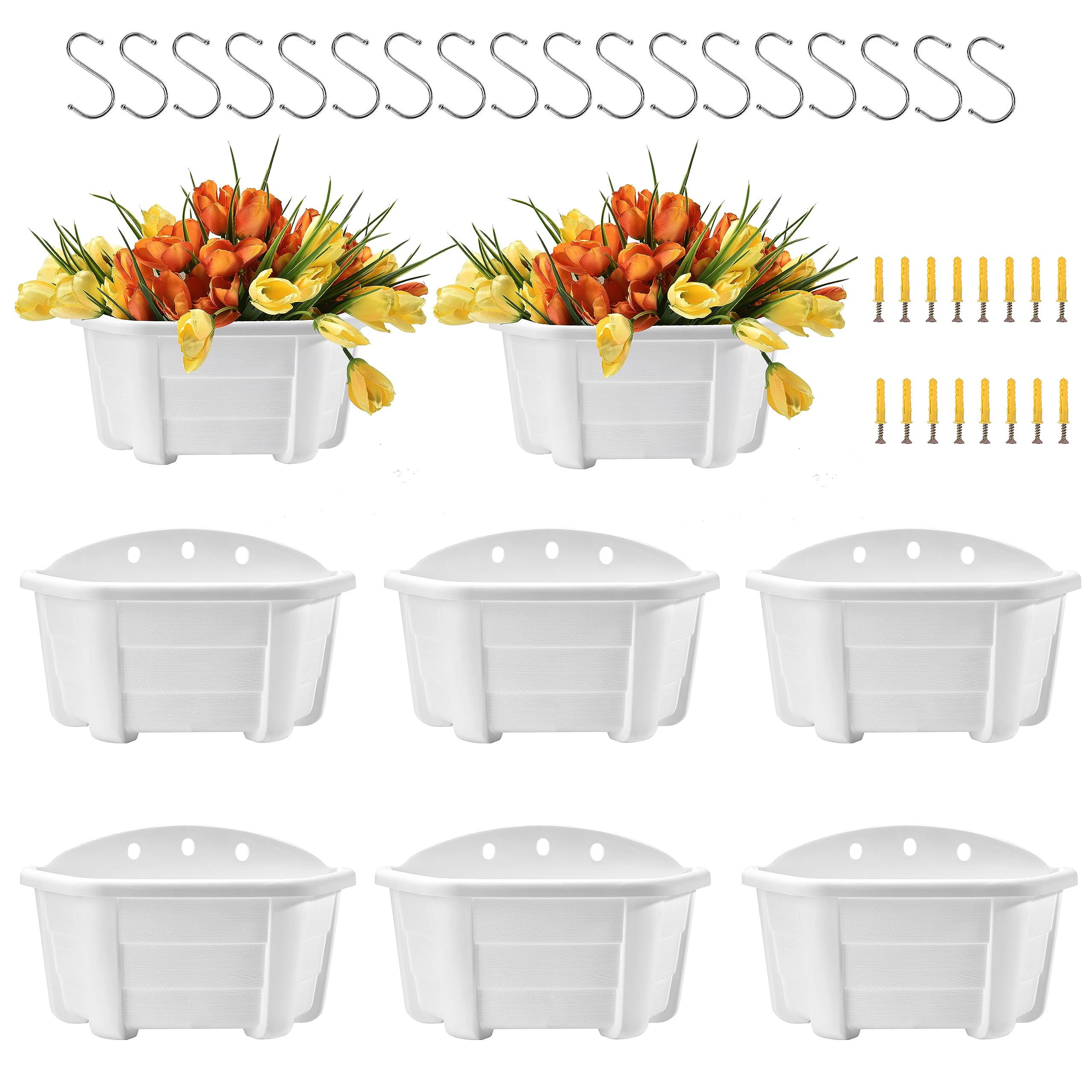 ORIMERC 25cm 8 Pcs Plastic Wall Plant Pots Vertical Garden Living Wall Mounted Window Hanging Basket Fence Planters Indoor Outdoor for Plants Flowers Herbs Holder with Drainage White