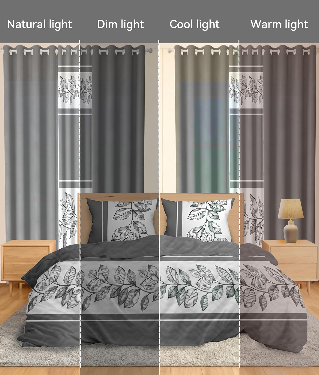 1 Bedspread Coverlet Bed Cover Lightweight Comforter Quilt Duvet 2 Pillow Cases Shams Bedroom Bedding Sets with 6 Matching Curtains for King Size Bed 9 Pieces Gray Leaves Print